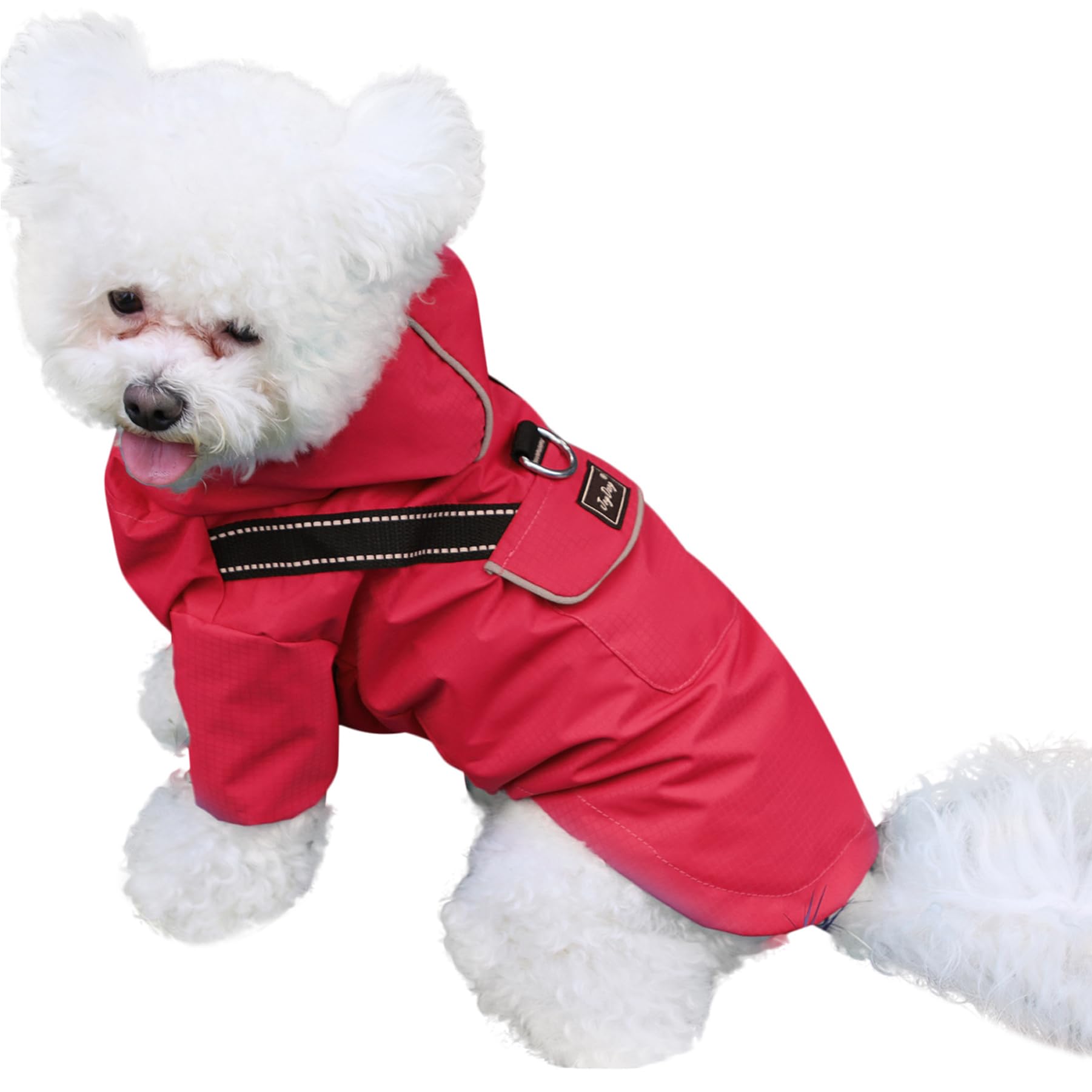 Joydaog Premium Dog Raincoat With Hood For Small Dogs,Outdoor Sports Waterproof Dog Rain Jacket,Puppy Raincoat With Pockets,Red