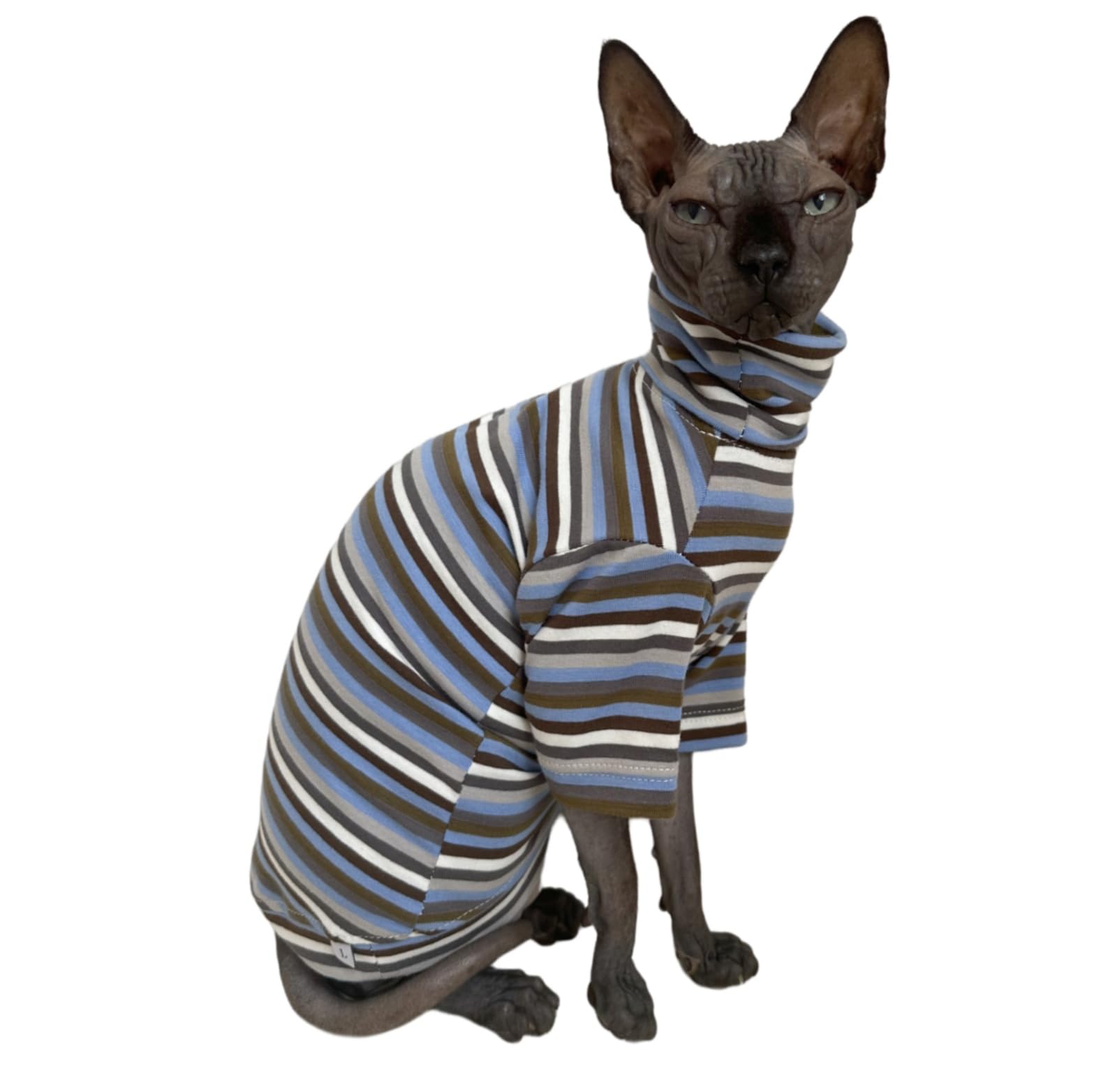 Vintage Stripes Sphynx Hairless Cats Shirt Cotton Cat Turtleneck Pet Clothes Kitten T-Shirts With Sleeves For Sphynx Cats (Storm