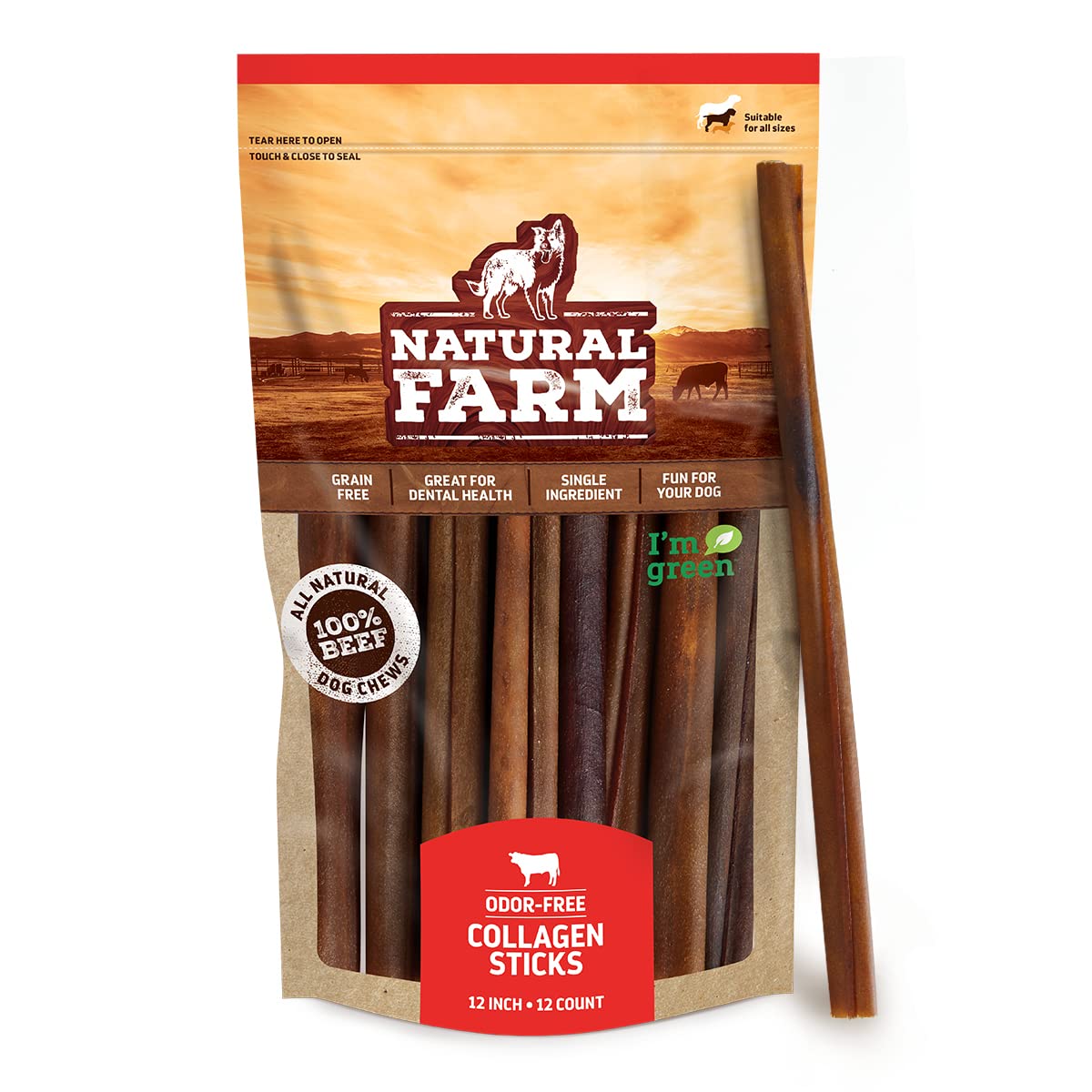 Natural Farm Odor-Free Collagen Dog Chews, (12-Inch, 12-Pack), Long Lasting Bully Sticks & Rawhide Alternative Dog Treats, 95% Collagen, High Protein Best Dental Dog Treats - Medium & Large Dogs