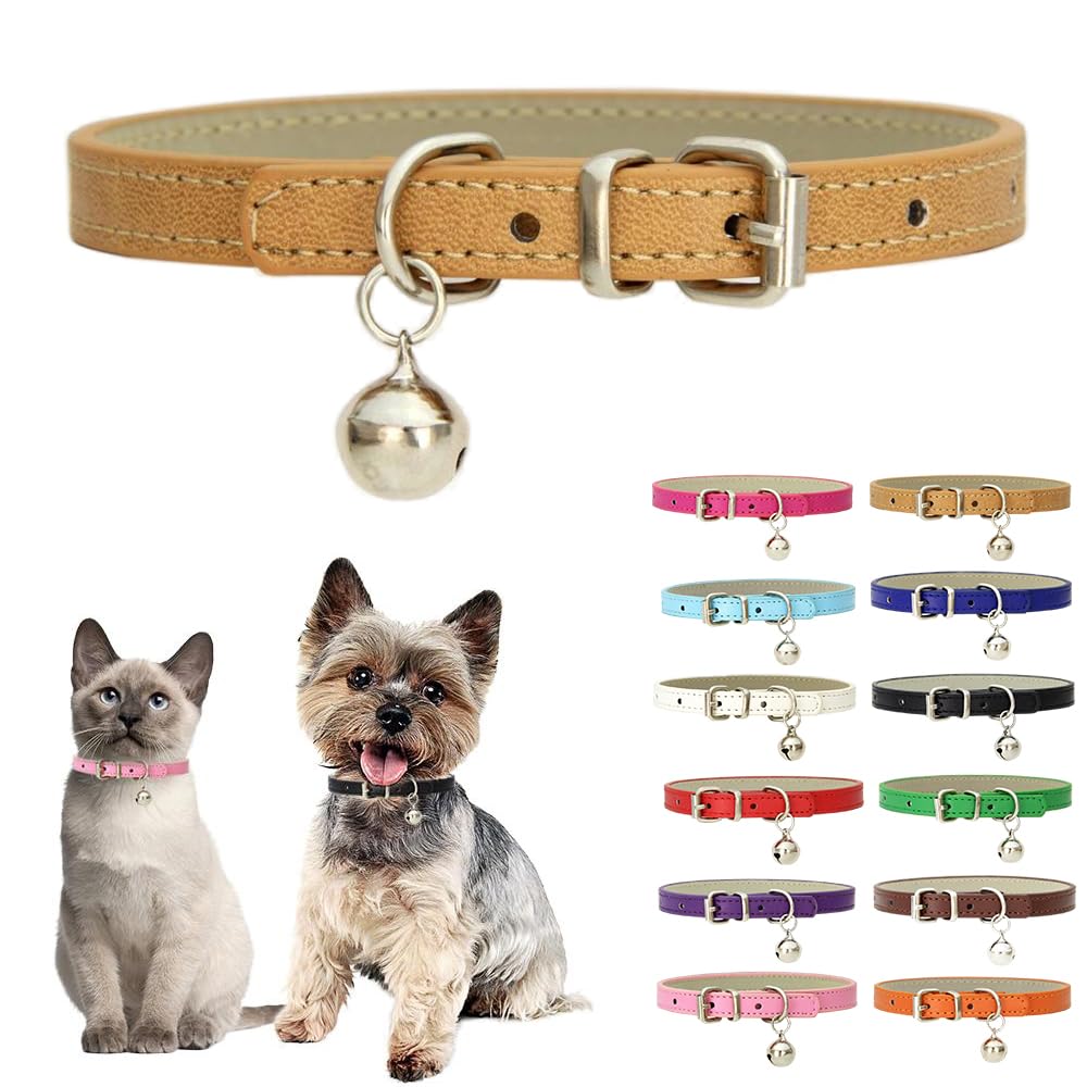 Khaki Xxs Dog Collar With Bell,Soft Pu Leather Female Puppy Collar With Bells Basic Girls Cat Collar With Bells For Xxs Xsmall S
