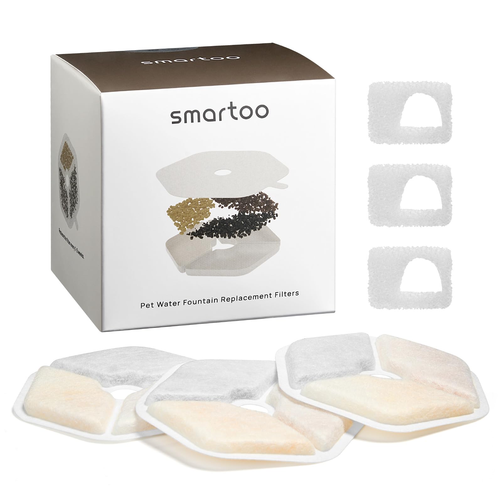 Smartoo 3 Packs Official Replacement Filters And 3 Packs Sponges For 152Oz/4.5L Wireless Cat Water Fountain Ptm-643