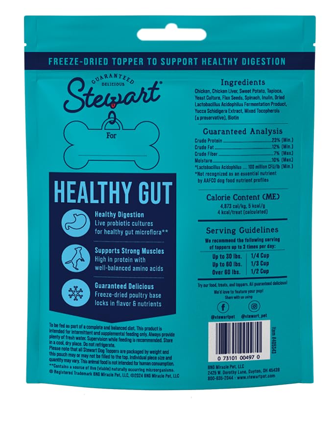 Stewart Freeze Dried Dog Food Topper, Healthy Gut, Chicken and Vegetable Recipe, 8 Ounce Pouch, Probiotics for Digestion