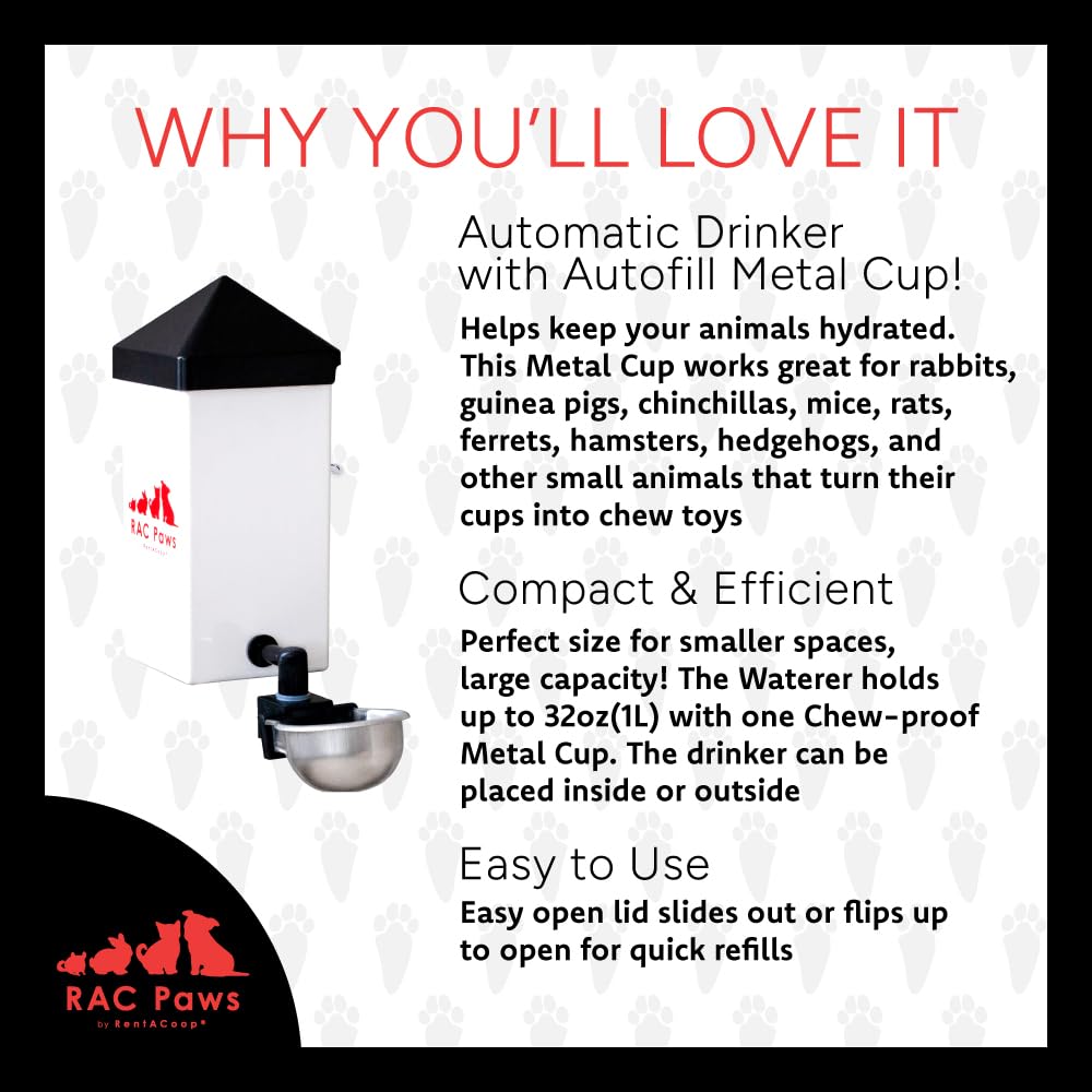 No-Drip 32oz Small Animal Drinking Bottle with Auto-Fill Metal Cup for Small Pet/Bunny/Ferret/Hamster/Guinea Pig/Rabbit/Chinchil