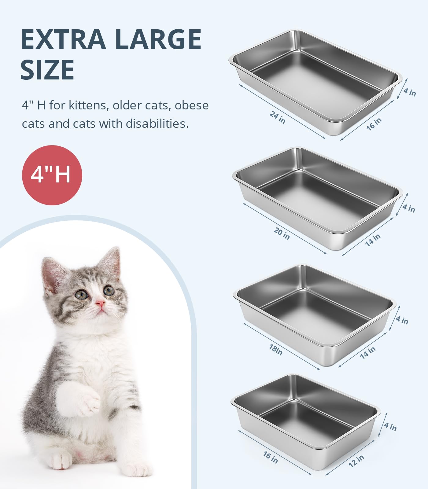 Wenbokmin Stainless Steel Cat Litter Box, 4In Shallow Litter Box For Senior Cats And Kittens, Extra Large Metal Litter Pan Nonst