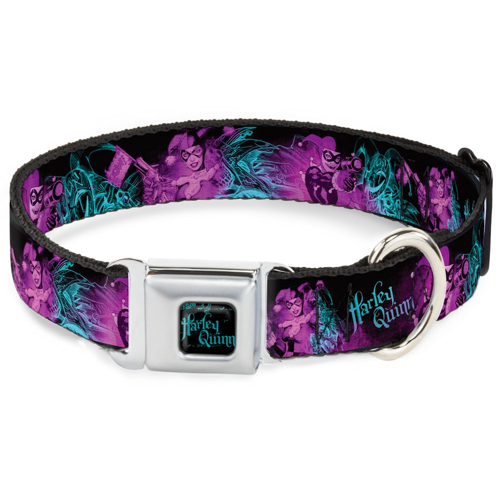 Dog Collar Seatbelt Buckle Harley Quinn Pow Aiming Poses Joker Black Turquoise Fuchsia 18 To 32 Inches 1.5 Inch Wide