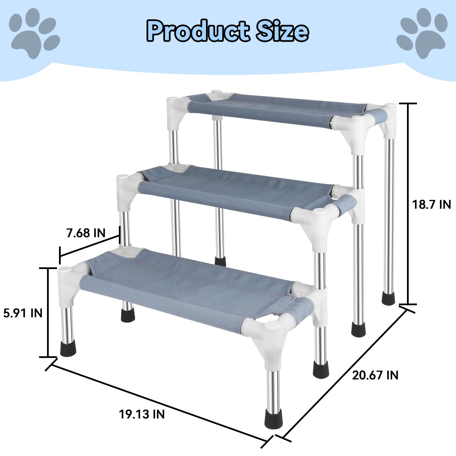 Makerfire Dog Stairs 3-Step for Small Dogs and Cats, Blue, Stainless Steel, Ideal for Bed/Couch Access