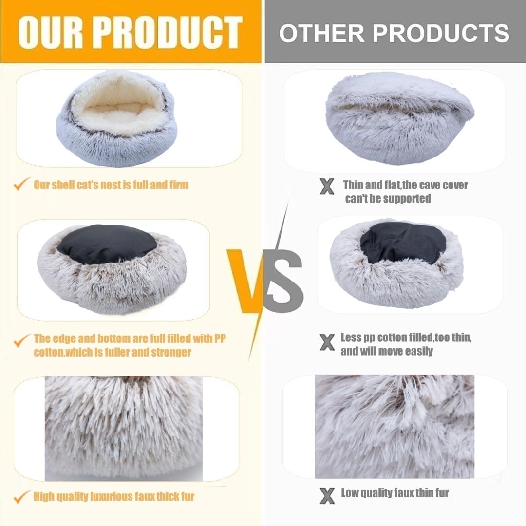 Zanesun Calming Round Dog Bed & Cat Cave With Hooded Cover, Plush Fluffy Anti-Anxiety Cat Bed, Waterproof Bottom Washable (Coffe
