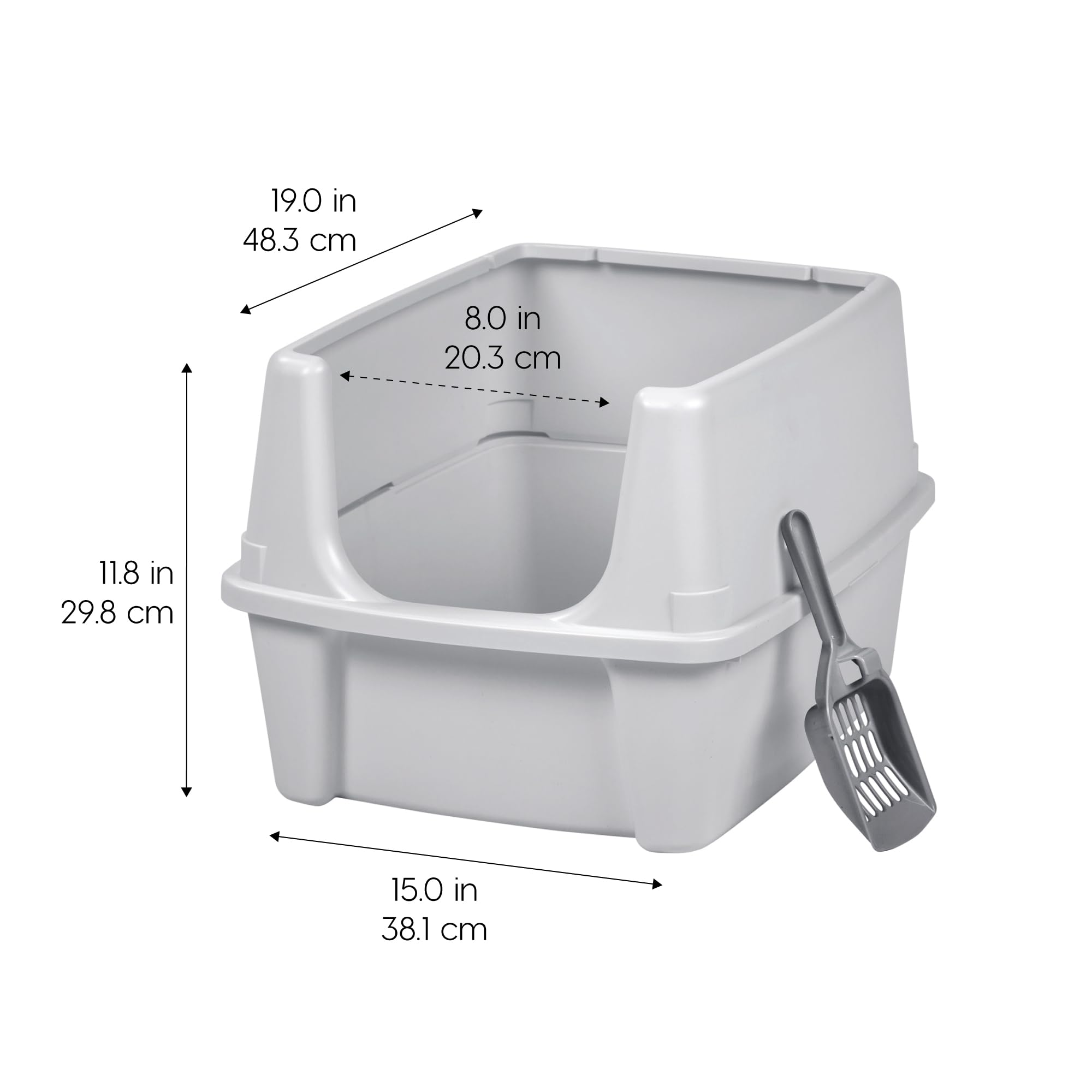 Iris Usa Large Cat Litter Box With Scatter Shield And Scoop, Open Top High Sided Cat Litter Pan, Silver