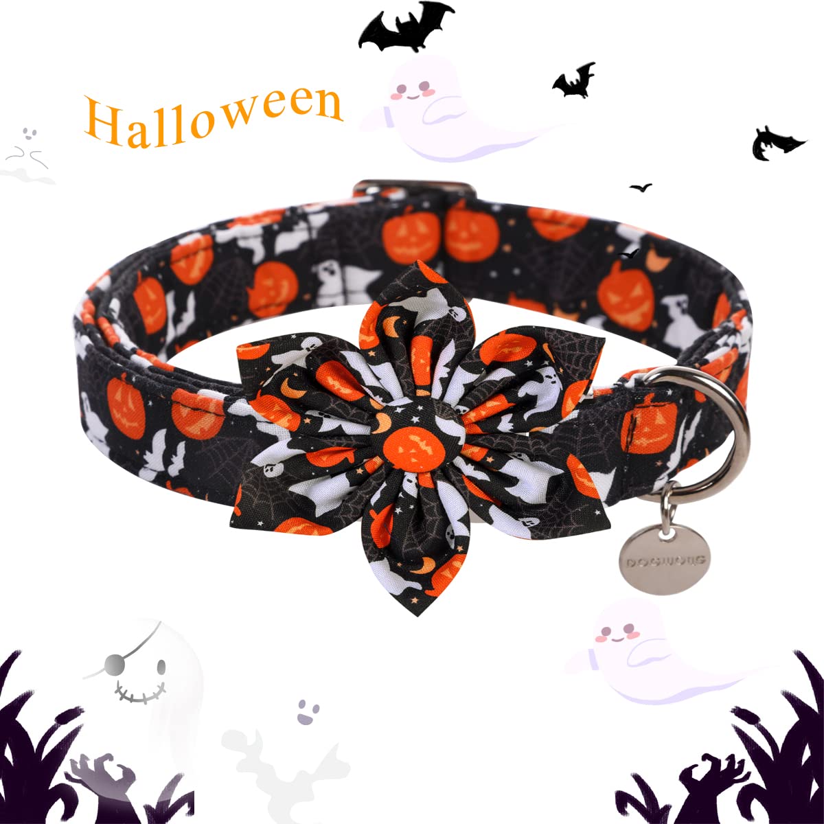 Dogwong Halloween Black Ghost Dog Collar - Removable Cute Flower Adjustable Pet Collars, Soft Comfy Halloween Themed Pet Collar, Fall Dog Collar For Small Medium Large Dogs