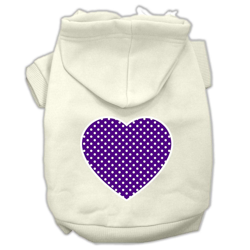 Pet Dog & Cat Hoodie Screen Printed, 'Purple Swiss Dots Heart' Cream Xs (0-3 Lbs.)