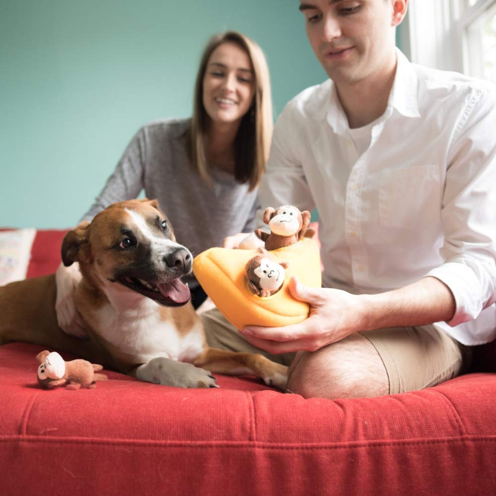 ZippyPaws Burrow, Zoo Friends Monkey 'n Banana - Interactive Dog Toys for Boredom - Hide and Seek Dog Toys, Colorful Squeaky Dog