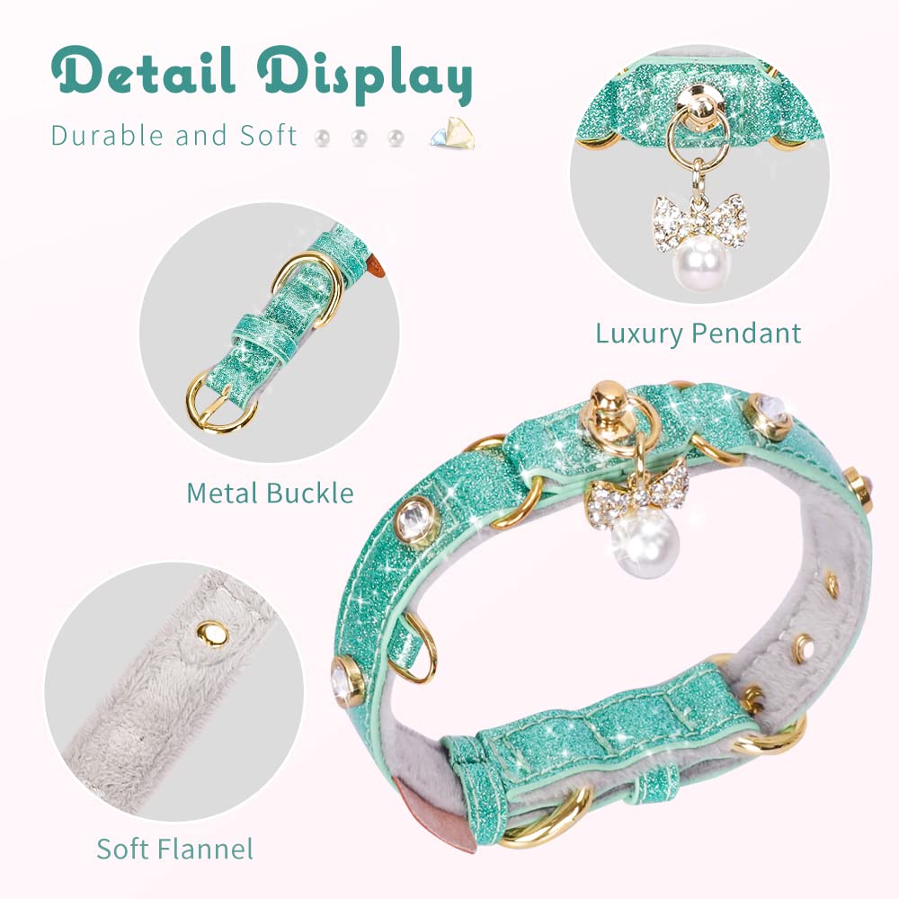 Petshome Cat Collar, Dog Collar, [Bling Rhinestones] Pu Leather Adjustable Pet Collar With Luxury Pendant For Big Cat And Small To Medium Dog Small Mint Green
