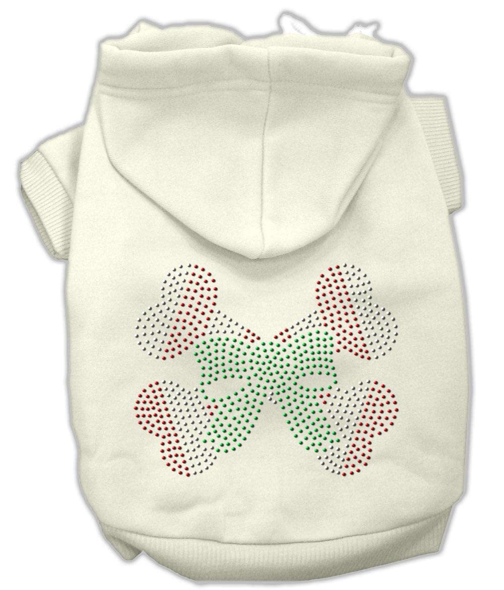 Christmas Pet Dog & Cat Hoodie Rhinestone, &quot;Candy Cane Crossbones&quot; Cream SM (3-6 lbs.)