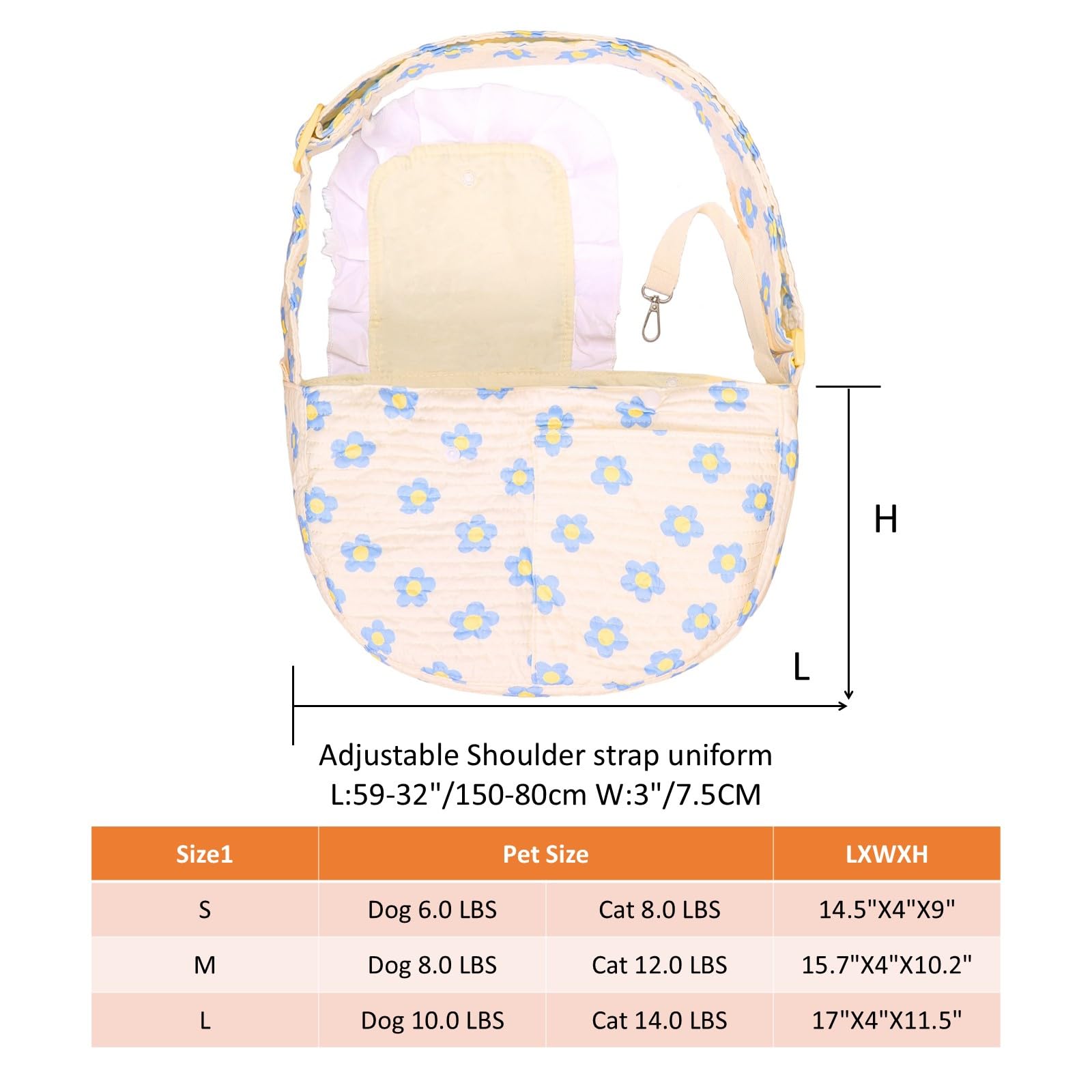 Floral Dog Carrier Bag for Cats & Small Dogs 3-15 LBS, Hands-Free Cat Sling with Adjust Strap & Pocket, Pets Sling Carrier Cross