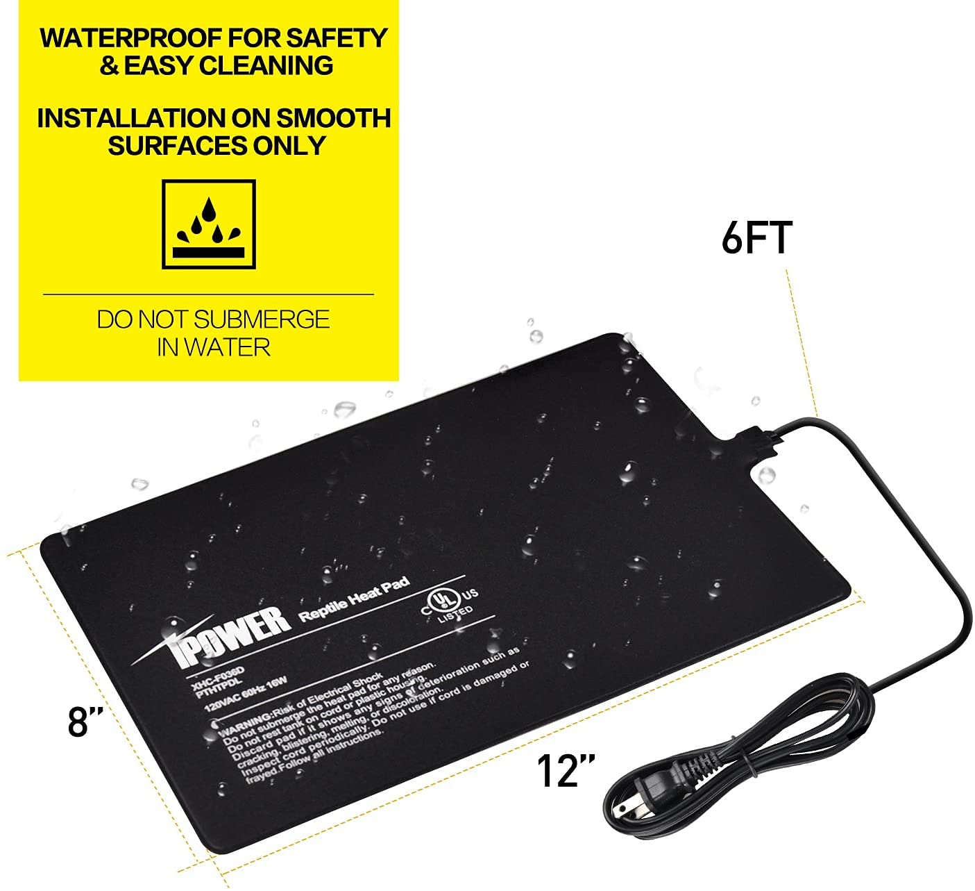 Ipower 8 By 12-Inch 16W Reptile Heat Mat, Under Tank Warmer Terrarium Heat Pad For Turtles Lizards Frogs And Other Small Animals, Multi Sizes