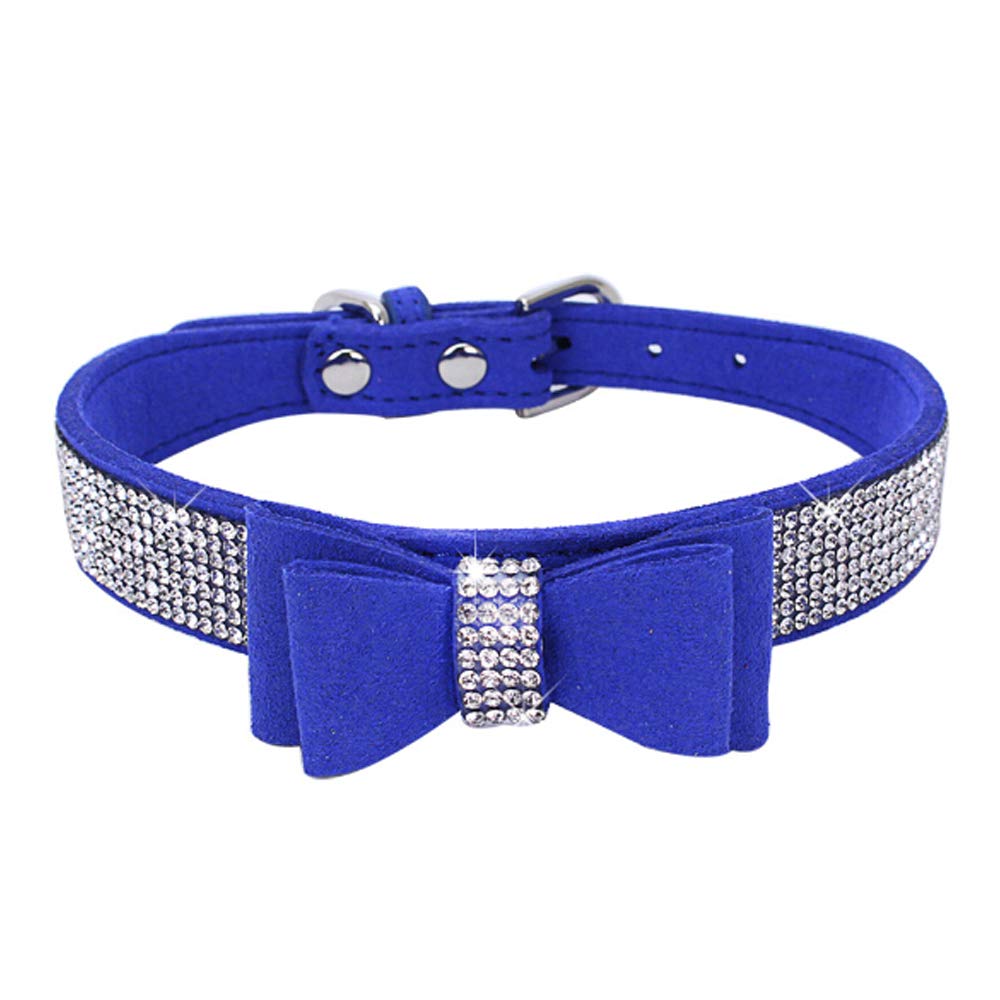 Dogs Kingdom 10'-24' Length Cute Pet Dog Velvet Bow Tie Collar Puppy Cat Full Crystal Rhinestone Necklace Adjustable,Dark Blue