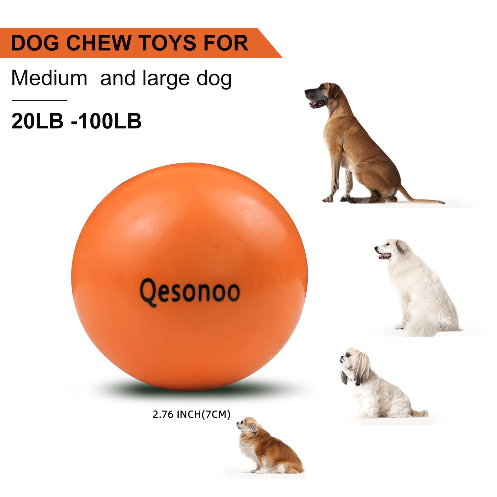 Qesonoo Indestructible Dog Ball - Solid Rubber, 2.7in, Orange, Durable Fetch Toy for Aggressive Chewers, Non-Toxic, High Elasticity