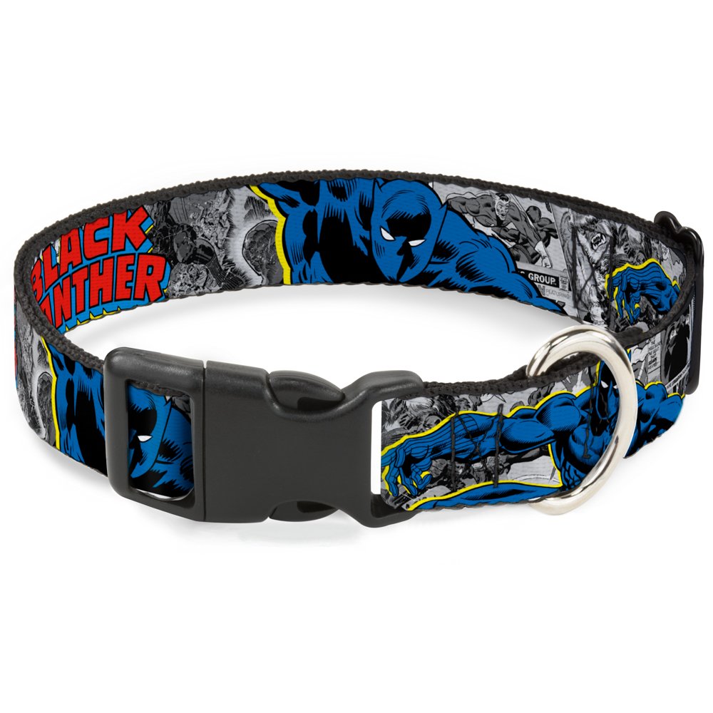 Buckle-Down 'Black Panther Action Poses/Stacked Comics Grays/Yellow/Blue/Red' Plastic Clip Collar, 1/2' X 9-15'/Large
