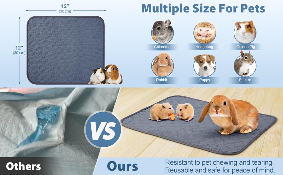 4 Pack 12'' X 12'' Guinea Pig Cage Liner, Washable Reusable Guinea Pig Bedding, Waterproof Absorbent Guinea Pig Pee Pad Non-Slip