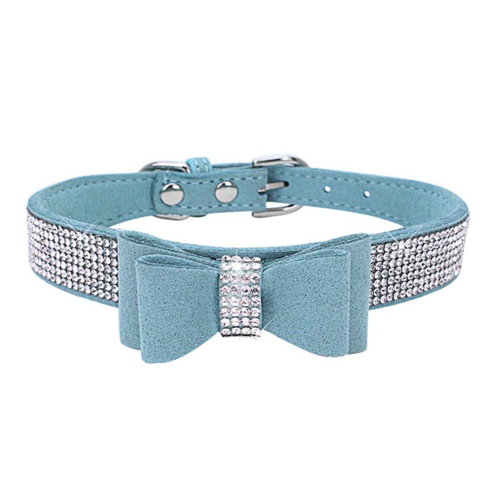 Dogs Kingdom 10''-24'' Length Cute Pet Dog Velvet Bow Tie Collar Puppy Cat Full Crystal Rhinestone Necklace Adjustable,Blue,Xxs