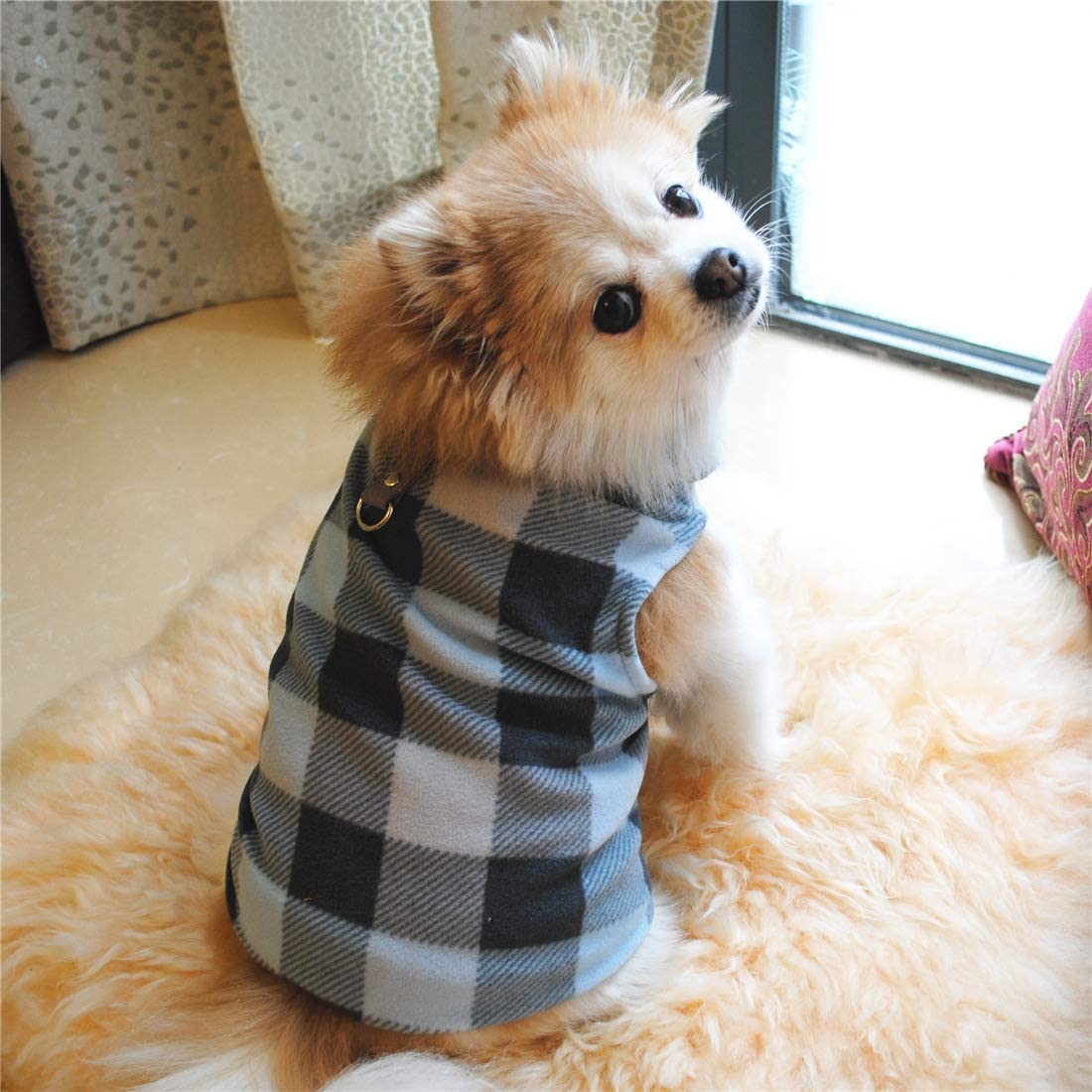 Pixriy Dog Sweater, Soft Fleece Vest With Leash Ring Pullover Jacket Winter Pet Dog Clothes For Puppy Small Dogs Cat Teddy Chihuahua Yorkshire For Christmas (X-Small, Blue Grey Plaid)