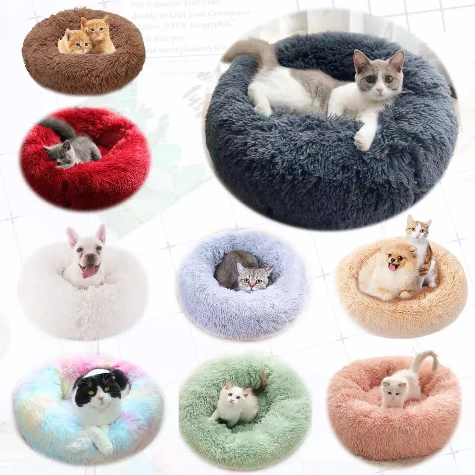 Cat Beds For Indoor Cats - Cat Bed Washable 20/24 Inches, Dog Beds For Small Medium Dogs, Anti Anxiety Round Fluffy Plush Faux Fur Cat Bed, Thick Bottom (Blue, Medium)
