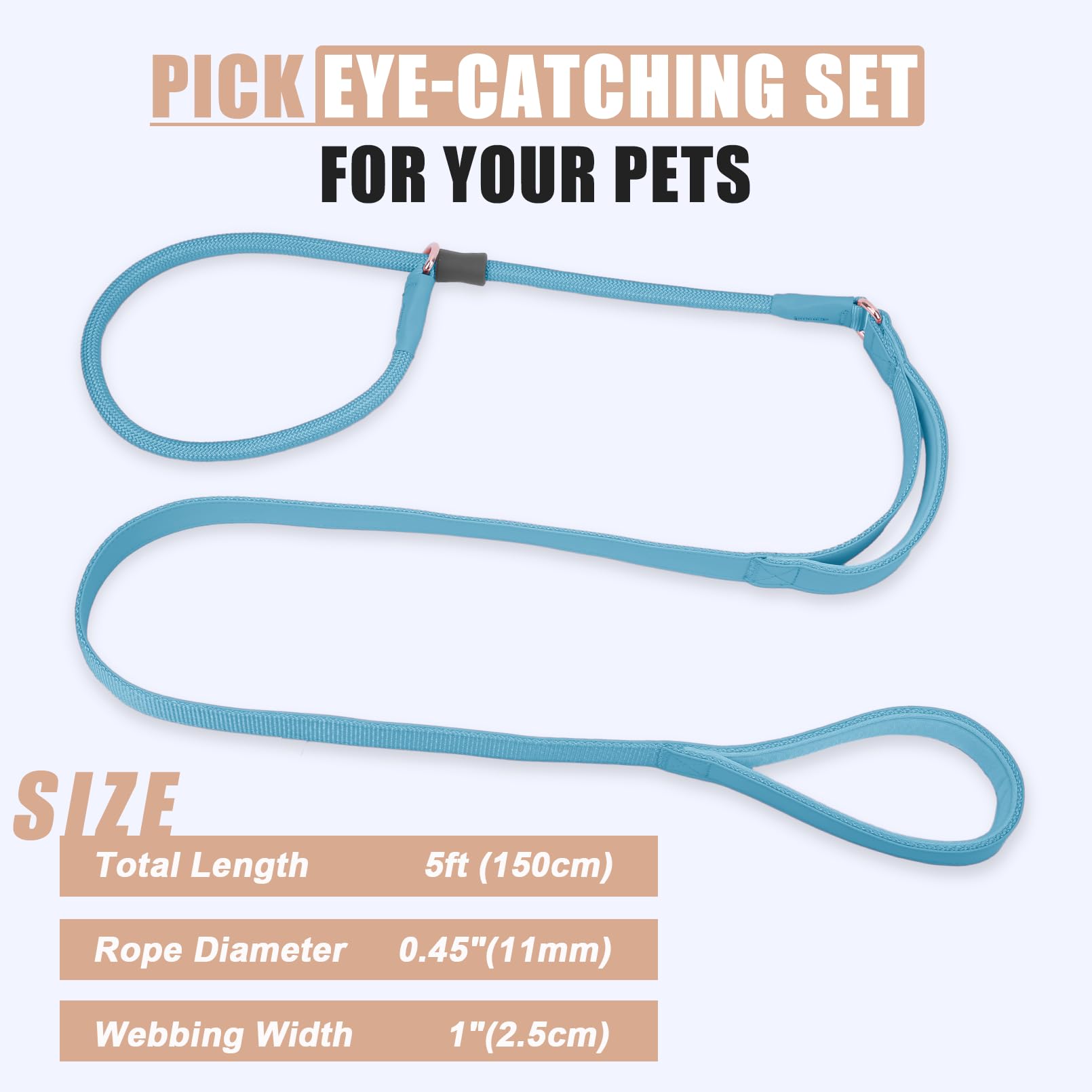 Aaufilux Slip Lead Dog Leash, Double Handle, Soft Leather, Heavy Duty Nylon, No Pull Walking, 5Ft Light Blue