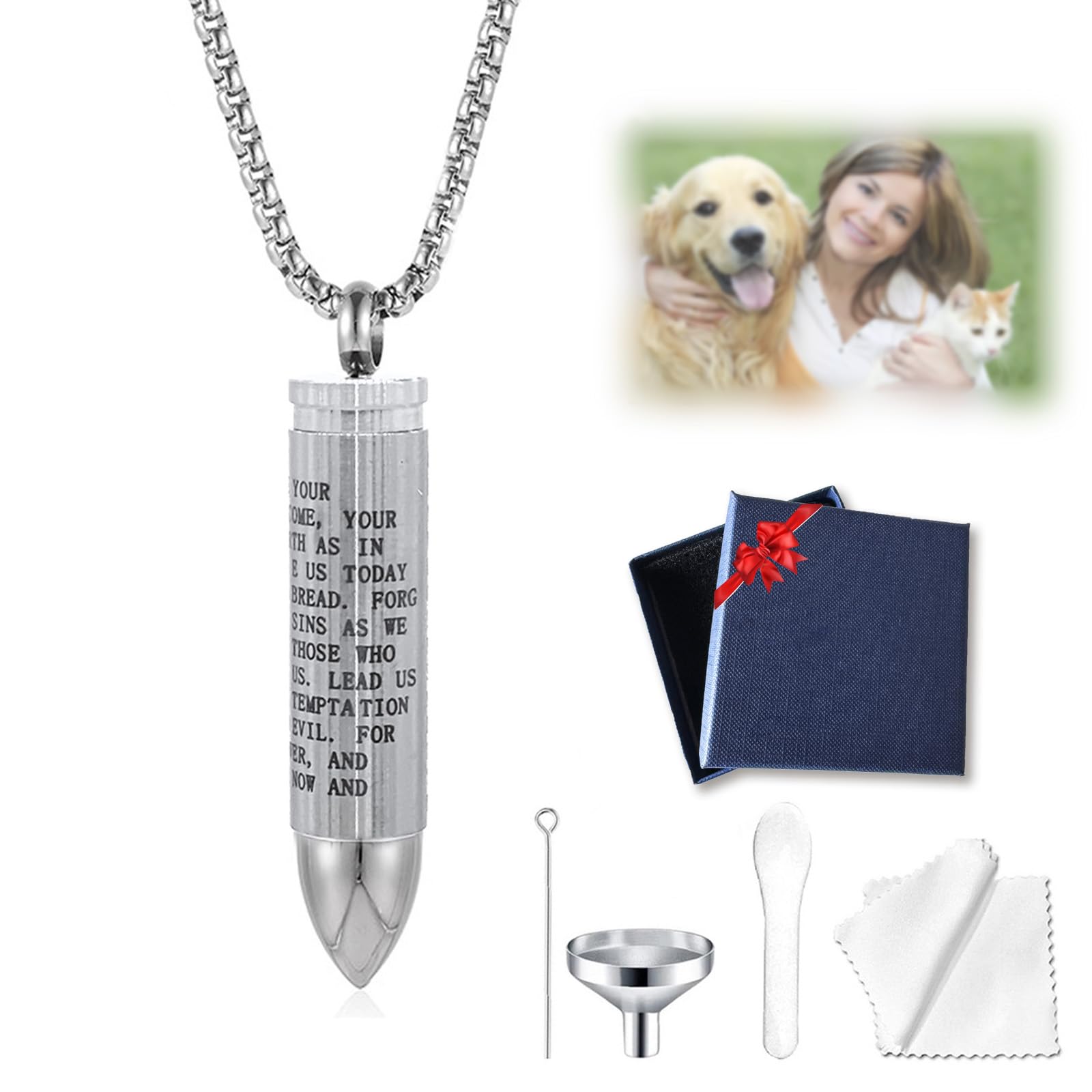 Qppkii Pet Ashes Necklace For Dog/Cat, Bullet Ashes Necklace, Pet Cremation Jewelry For Ashes Urn Necklace With Funnel Kit, Pet 