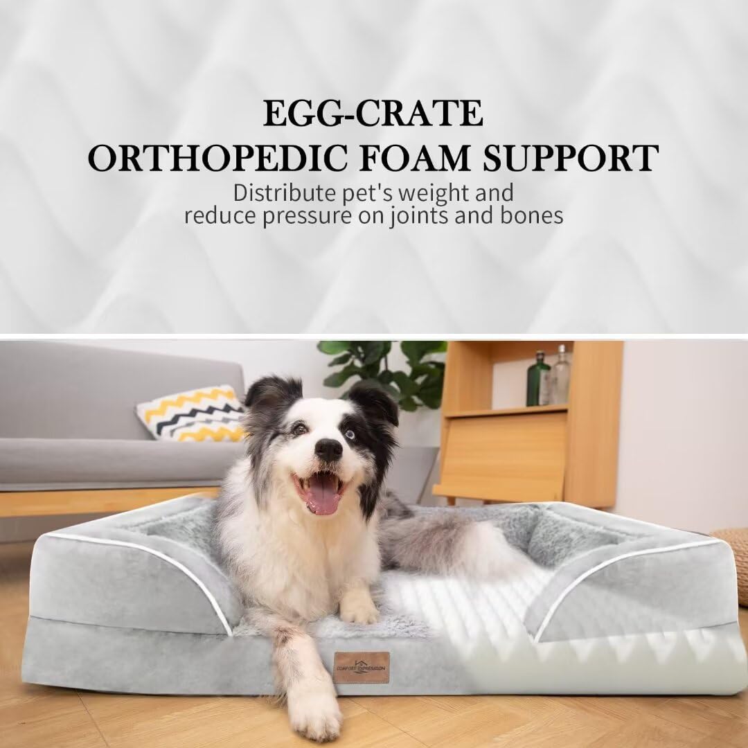 Comfort Expression Large Dog Beds Orthopedic Foam, Waterproof Dog Beds For Large Dogs Sofa Comfy Pet Bed With Washable Removable Cover & Non-Slip Bottom(Large,Grey White)