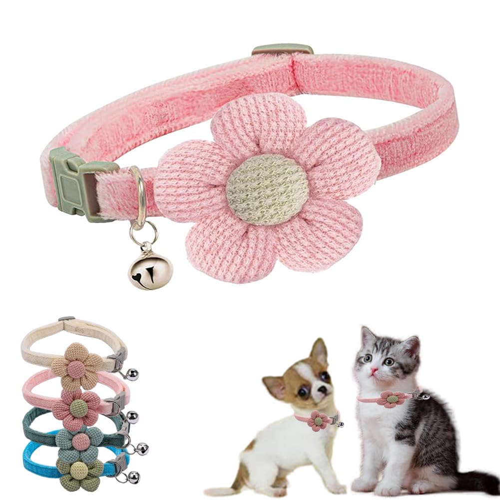 Xxs Dog Collar With Bell,Pink Flower Cat Collar With Bells Suede Girl Cute Fancy Puppy Collar With Bells For Xxs Xs Tiny Little 