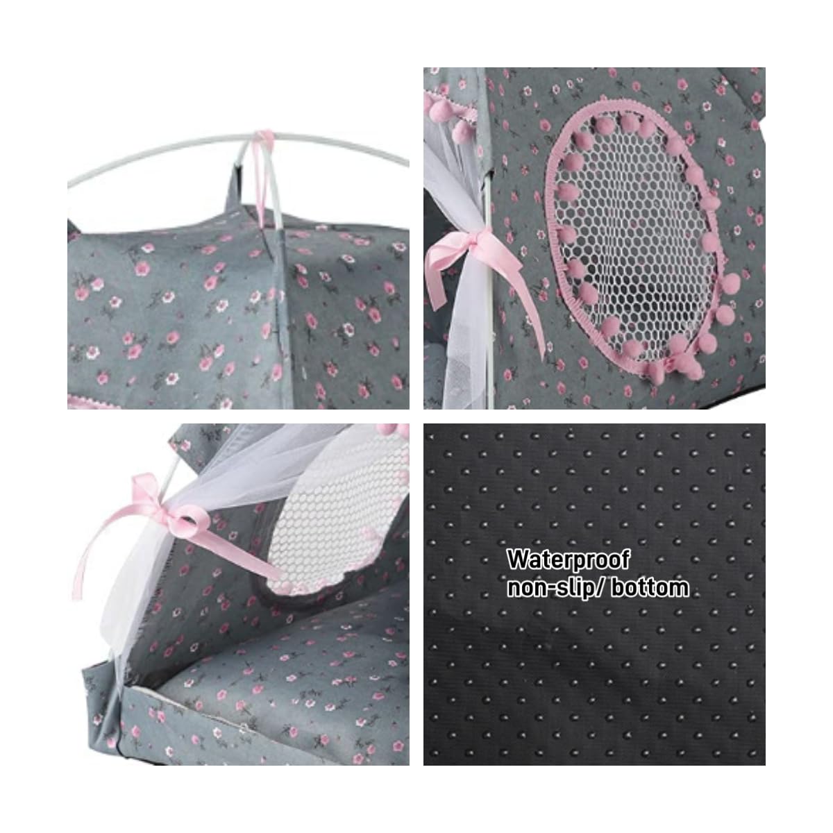 Cat Bed Tents Dog House Indoor Outdoor Lace Mesh Breathable Windows Door Curtains Removable Portable Nest Teepe House (Large,Gra