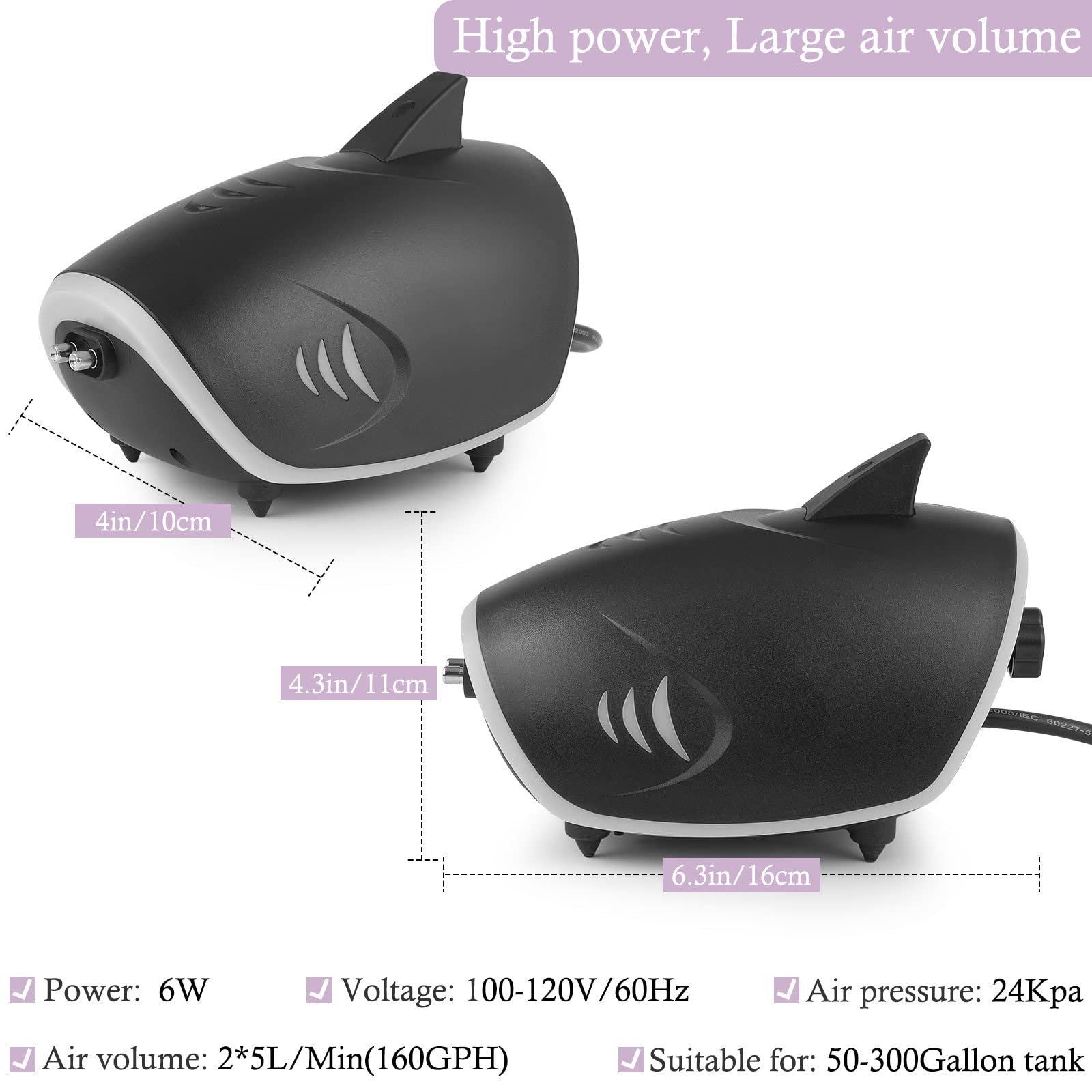 Hitop 6W Silent Aquarium Air Pump - 160Gph Large Air Volume Fish Aerator, Adjustable Oxygen Pump For Fish Tank Up To 300 Gallon