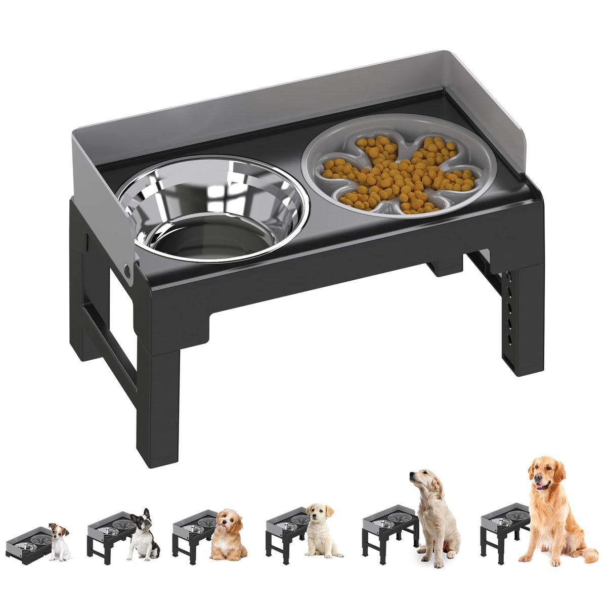 Pakeway Elevated Dog Bowls, Spill Proof, Tiltable Dog Feeder With 1 Stainless Steel Bowl &1 Slow Feeder Bowl, 6 Height Adjustabl