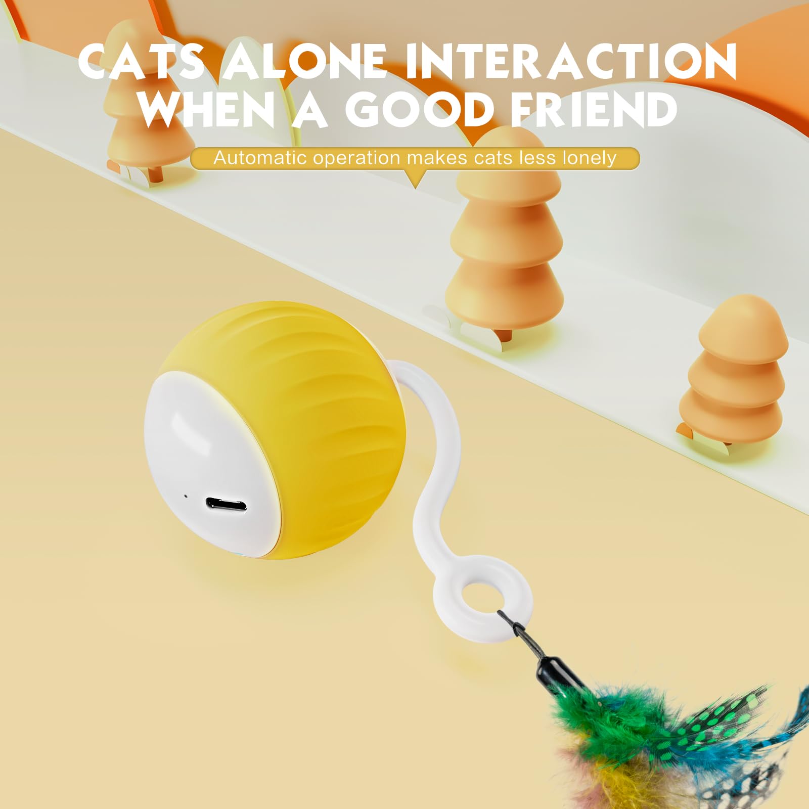 Aaa Amusang Interactive Cat Ball Toy And Feather Toys Refills For Indoor Cats, Automatic Cat Enrichment Toys - Yellow