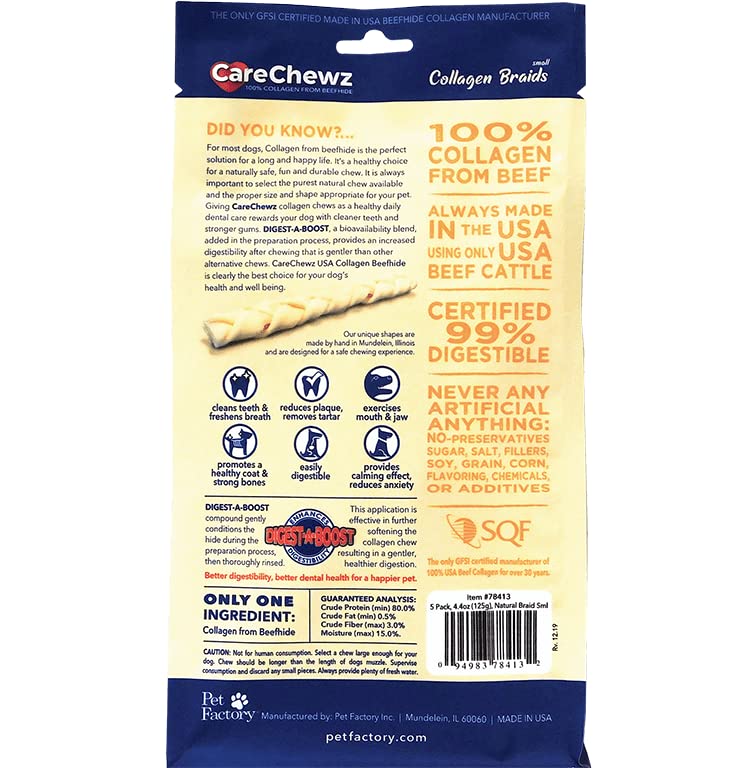 Pet Factory CareChewz Collagen 6-7 Skinny Braided Sticks Dog Chew Treats - Natural Flavor, 5 Count/1 Pack