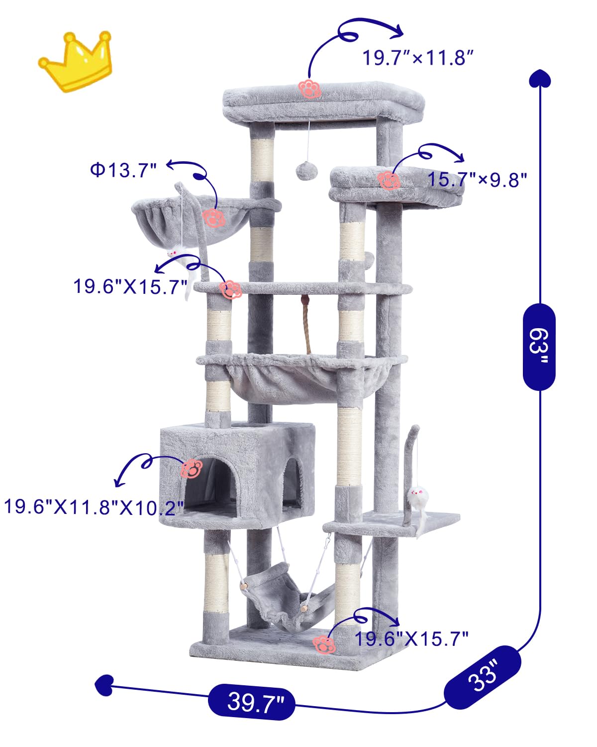 Gitelsnour Cat Tree, Cat Tower For Large Cats With 2 Big Platforms, 2 Baskets, Condo And Toys, 63'' Cat Scratching Posts For Ind