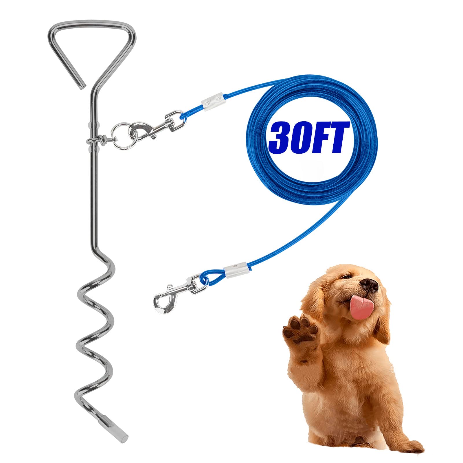 Darkyazi Dog Stake Tie Out Cable and Reflective Stake 16 ft Outdoor, Yard and Camping, for Medium to Large Dogs Up to 125 lbs (3