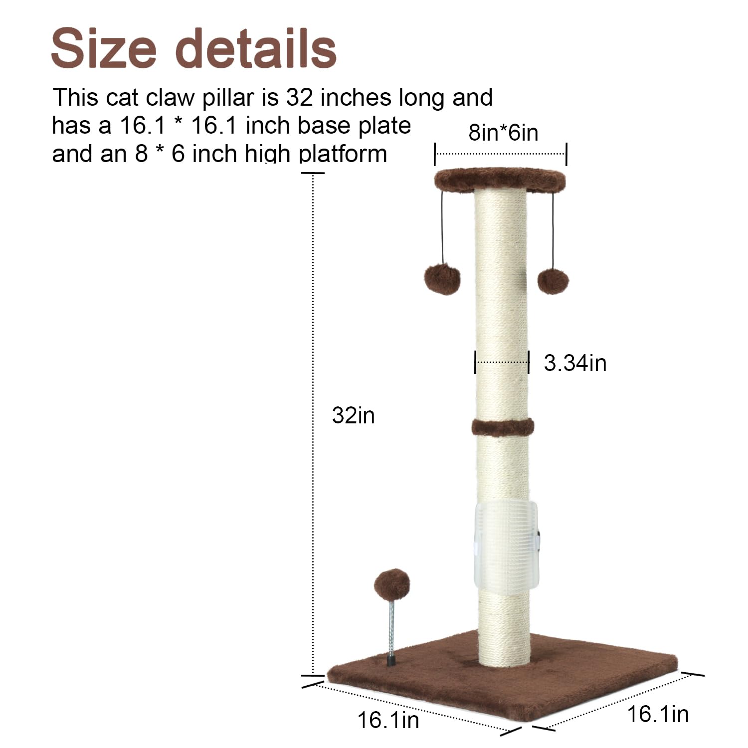 Peekab 32' Tall Cat Scratching Post Sisal Rope Scratch Posts With Hanging Ball And Self-Massage Brush Vertical Scratcher For Indoor Cats And Kittens(Brown 32Inches)