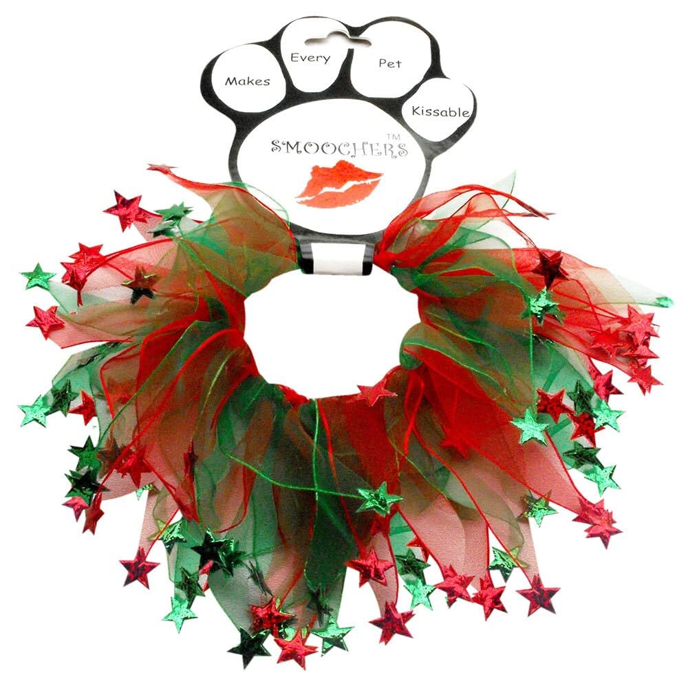 Christmas Pet, Dog and Cat Smoocher Pet Necklace, &quot;Candy Cane Fuzzy, Christmas Bells, Christmas Fuzzy Wuzzy, Christmas Bones or Stars&quot; XL Christmas Stars