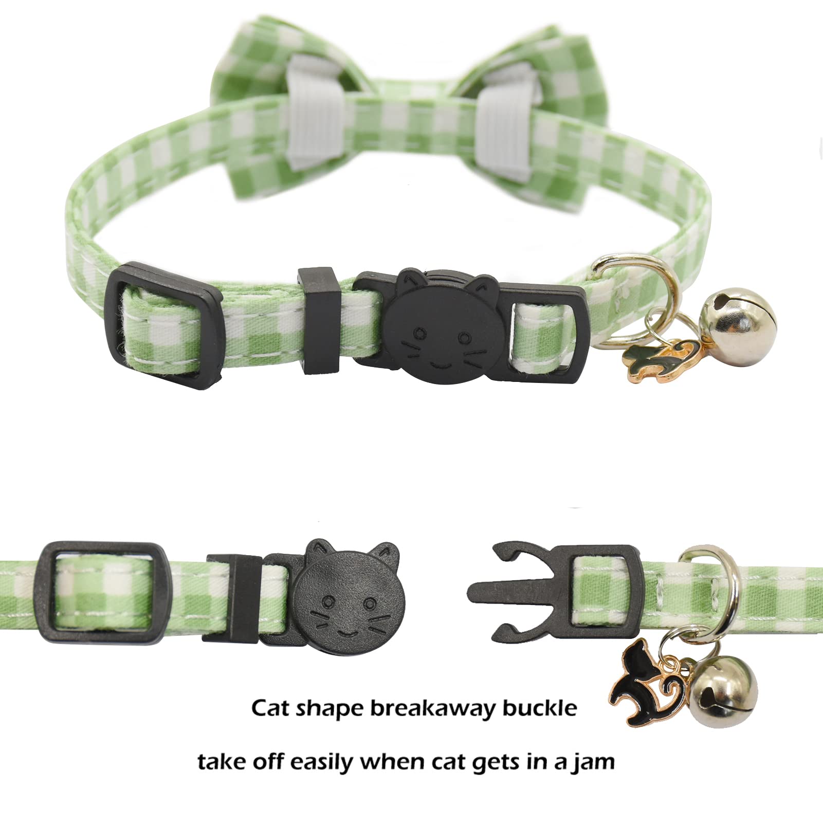 Bowtie Cat Collars Breakaway With Bell, Adjustable Cute Kitty Collars Safety Buckle Kitten Collar For Cat Puppy 7.5-11In (Green