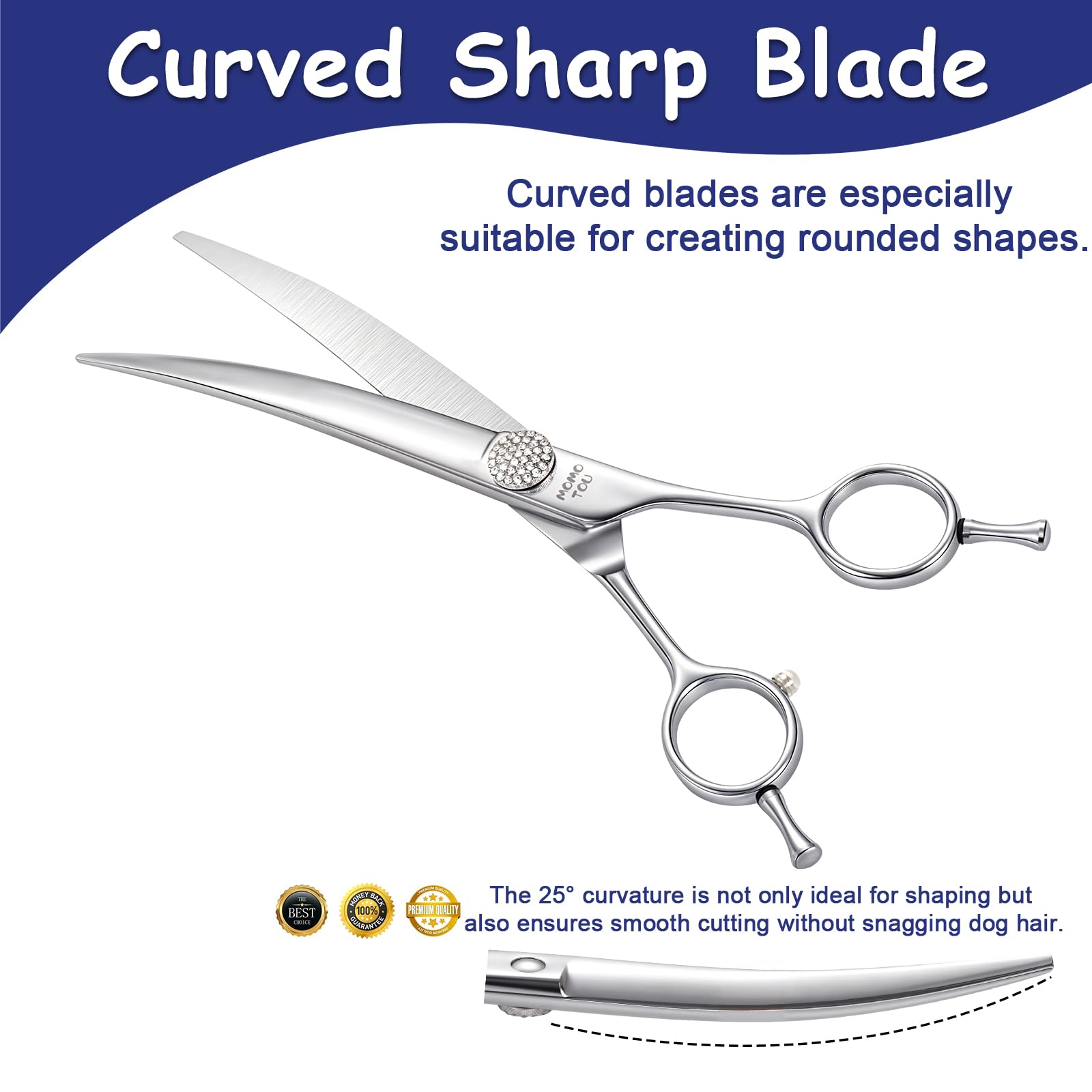 Momotou Professional Curved Dog Grooming Scissors With Simulation Diamond 440C Stainless Steel Polished Pet Cat Hair Cutting She