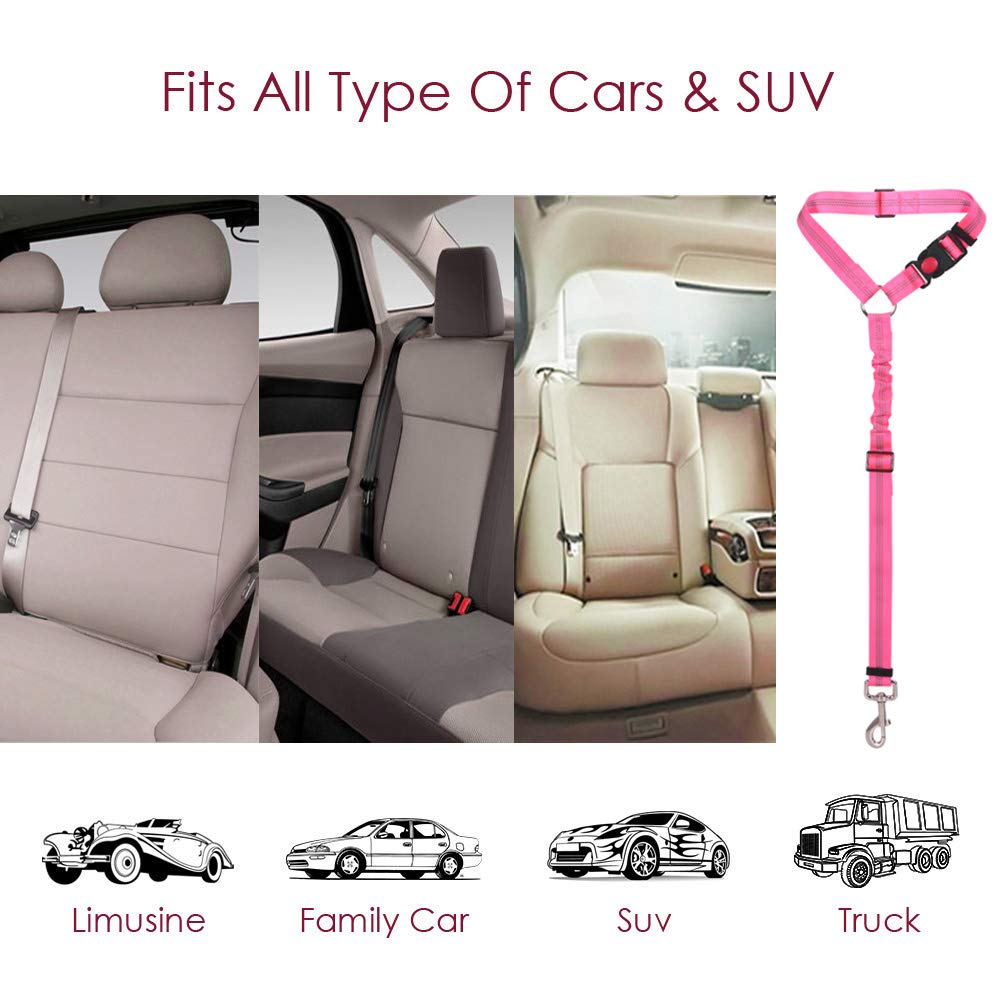 Lukovee Dog Car Seat Belt, 2 Pack Headrest Restraint Seatbelt, Adjustable Pet Safety Leads With Reflective Elastic Bungee For Dog Harness Collar Travel Daily Use (Fluorescent Pink,Headrest)