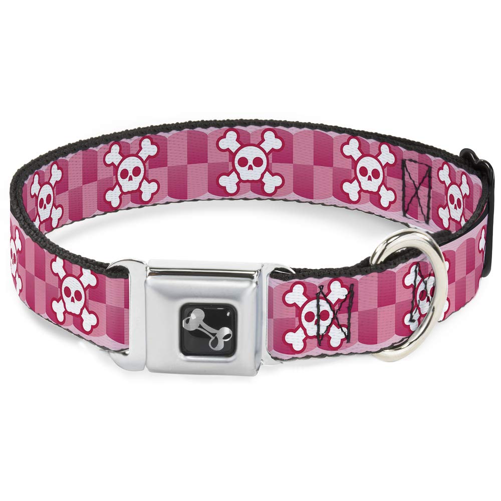 Buckle-Down Seatbelt Buckle Dog Collar - Cute Skulls W/Checkers Pinks/White - 1' Wide - Fits 15-26' Neck - Large