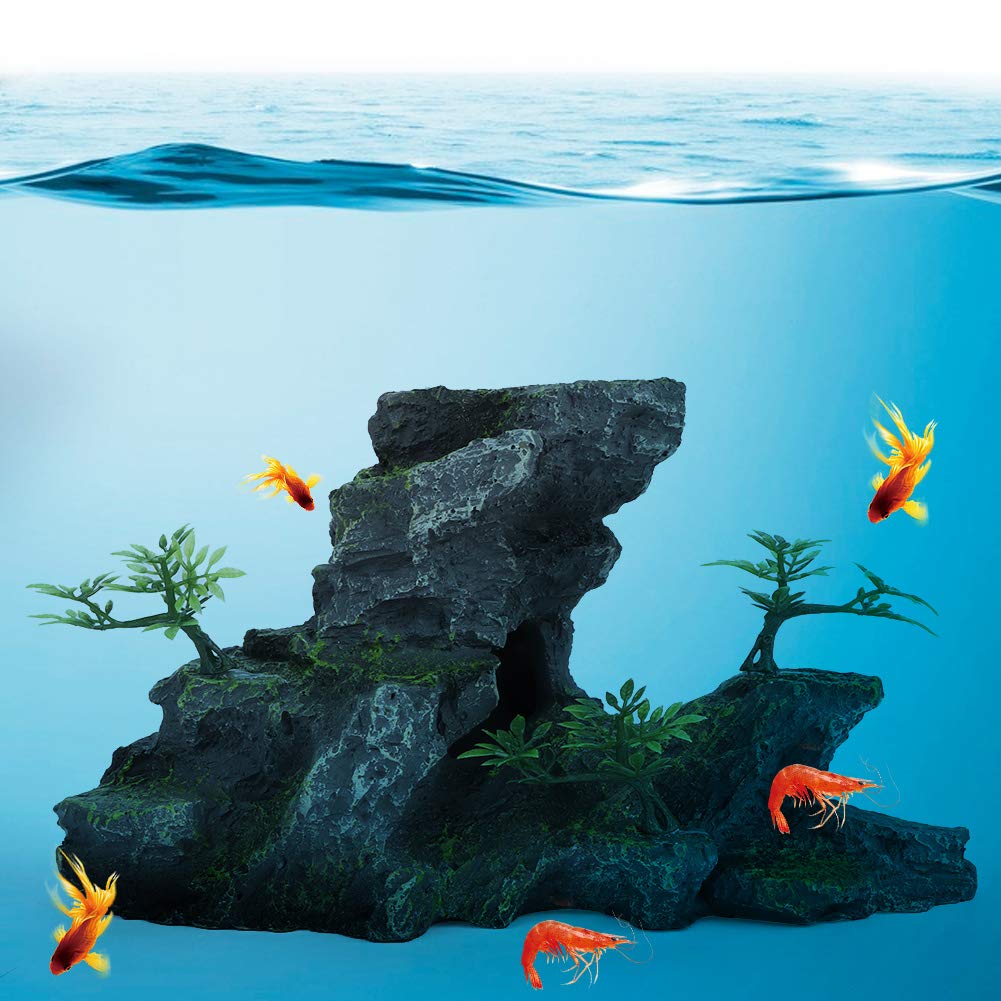 Zerodis Aquarium Ornaments Aquarium Mountain View Stone Ornament, Simulation Resin Rockery Moss Tree Rock Cave Landscape Artificial Aquarium Fish Decoration