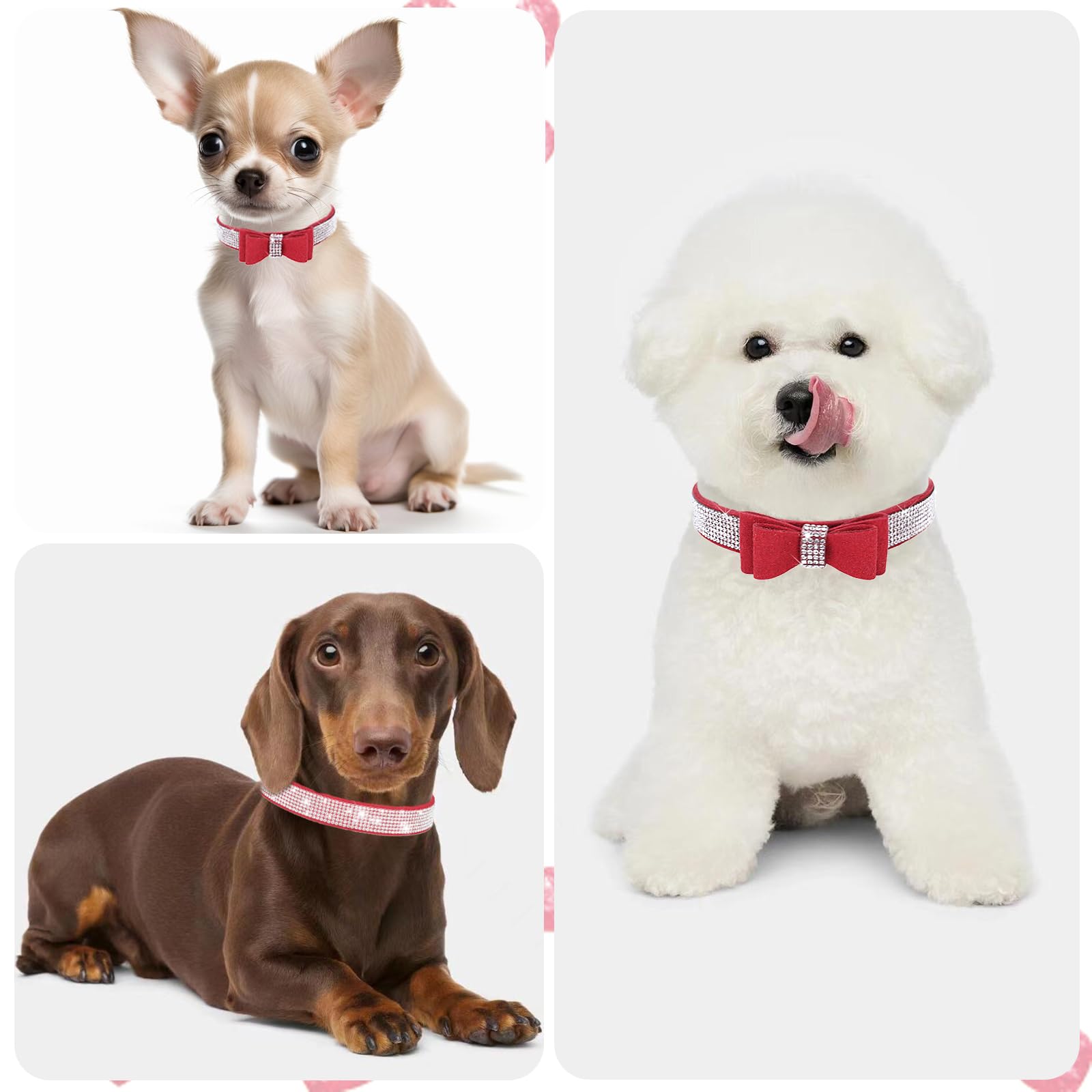 Red Sparkle Dog Collars For Small Dogs, 2-Pack Bling Diamond Dog Collar Soft Suede Glitter Rhinestone Jewelry Crystal Girl Puppy