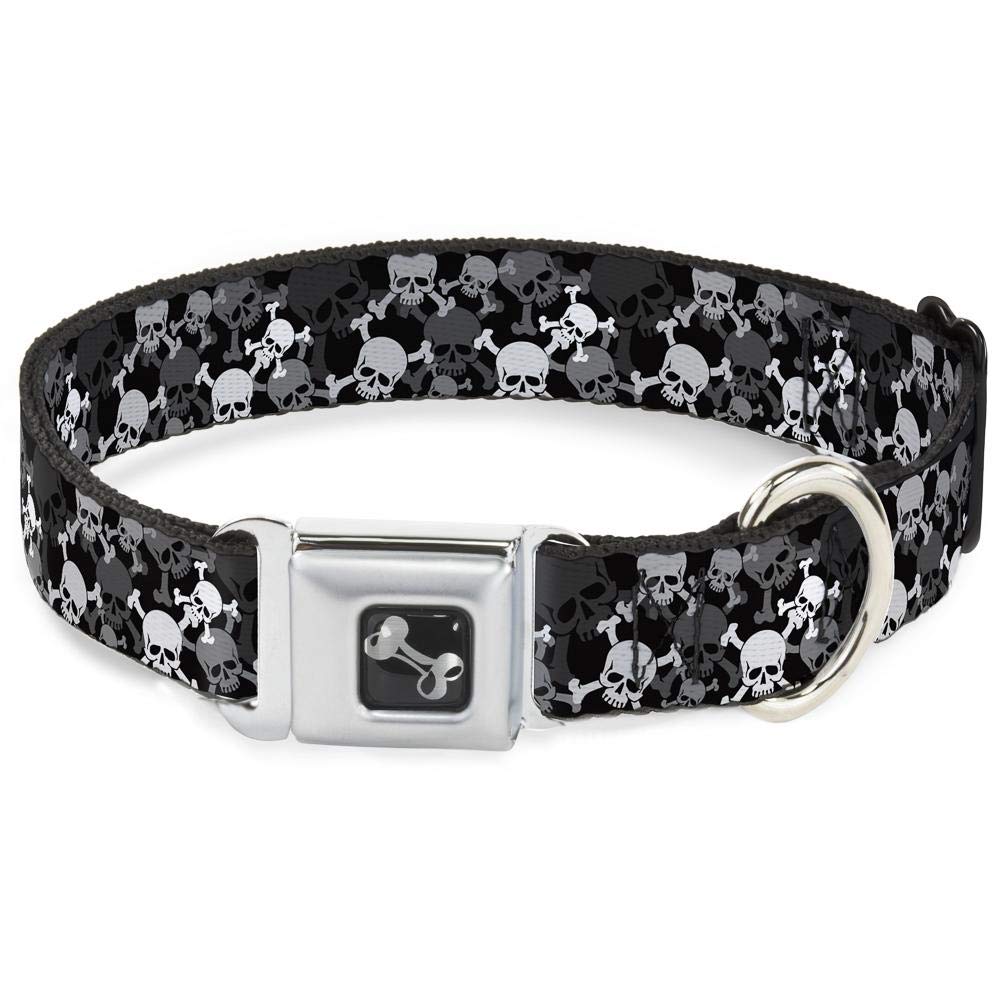 Dog Collar Seatbelt Buckle Top Skulls Stacked Black Gray White 9 To 15 Inches 1.0 Inch Wide