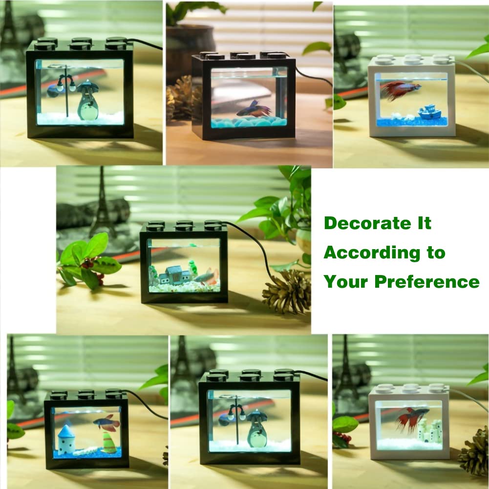 Mini Aquarium Box, Small Betta Fish Multifunctional Usb Rechargeable Fish Tank With Led Light Lamp Reptile Feeding Box Building Block Fish Bowl Home Decor Led Light Feeding Box(Black)