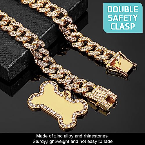 Hillban Dog Chain Golden Diamond Collar With Pet Id Jewelry Tags Rhinestones Stainless Steel Metal Link Collar Walking Chain Nec