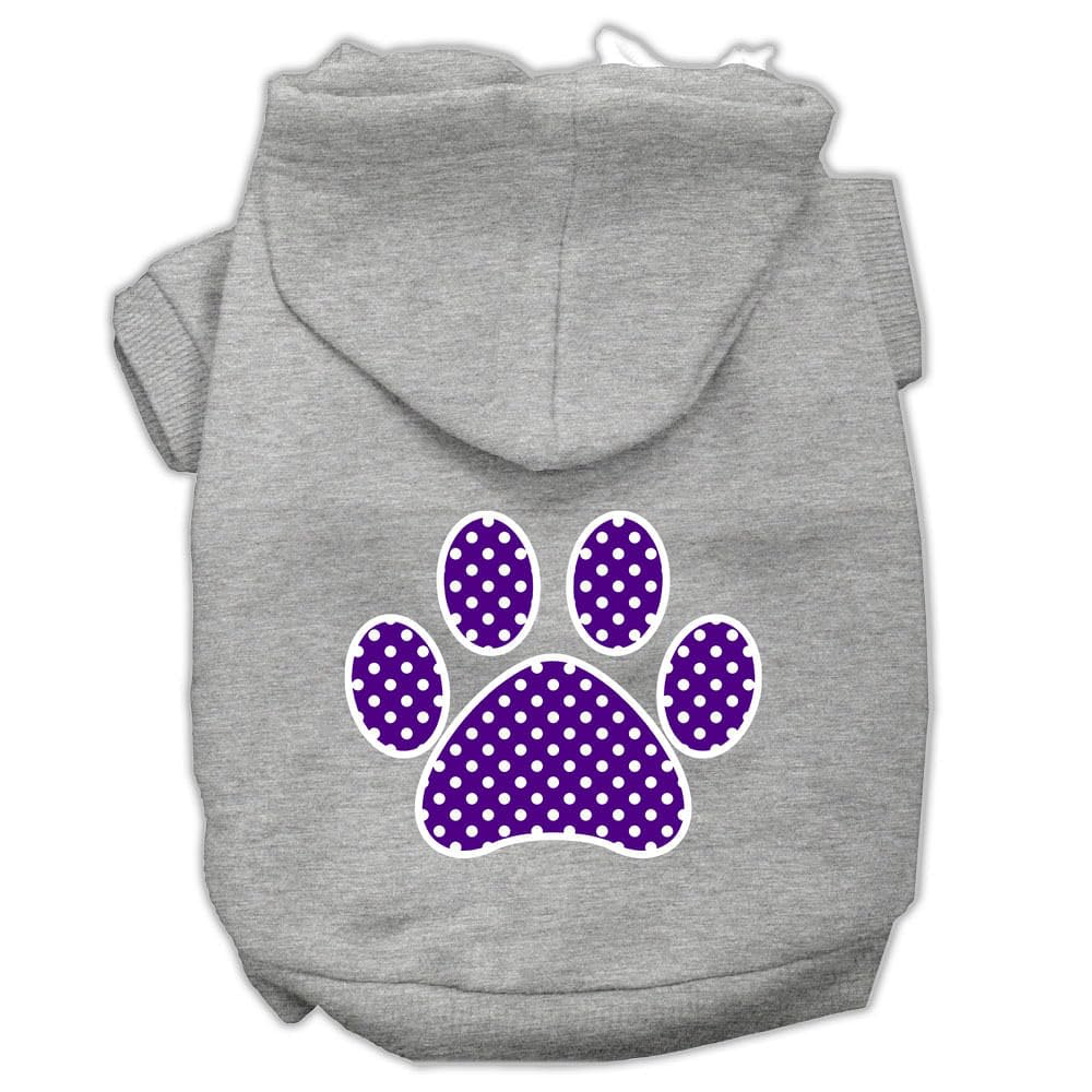 Pet, Dog & Cat Hoodie Screen Printed, 'Purple Swiss Dots Paw' Gray Xs (0-3 Lbs.)