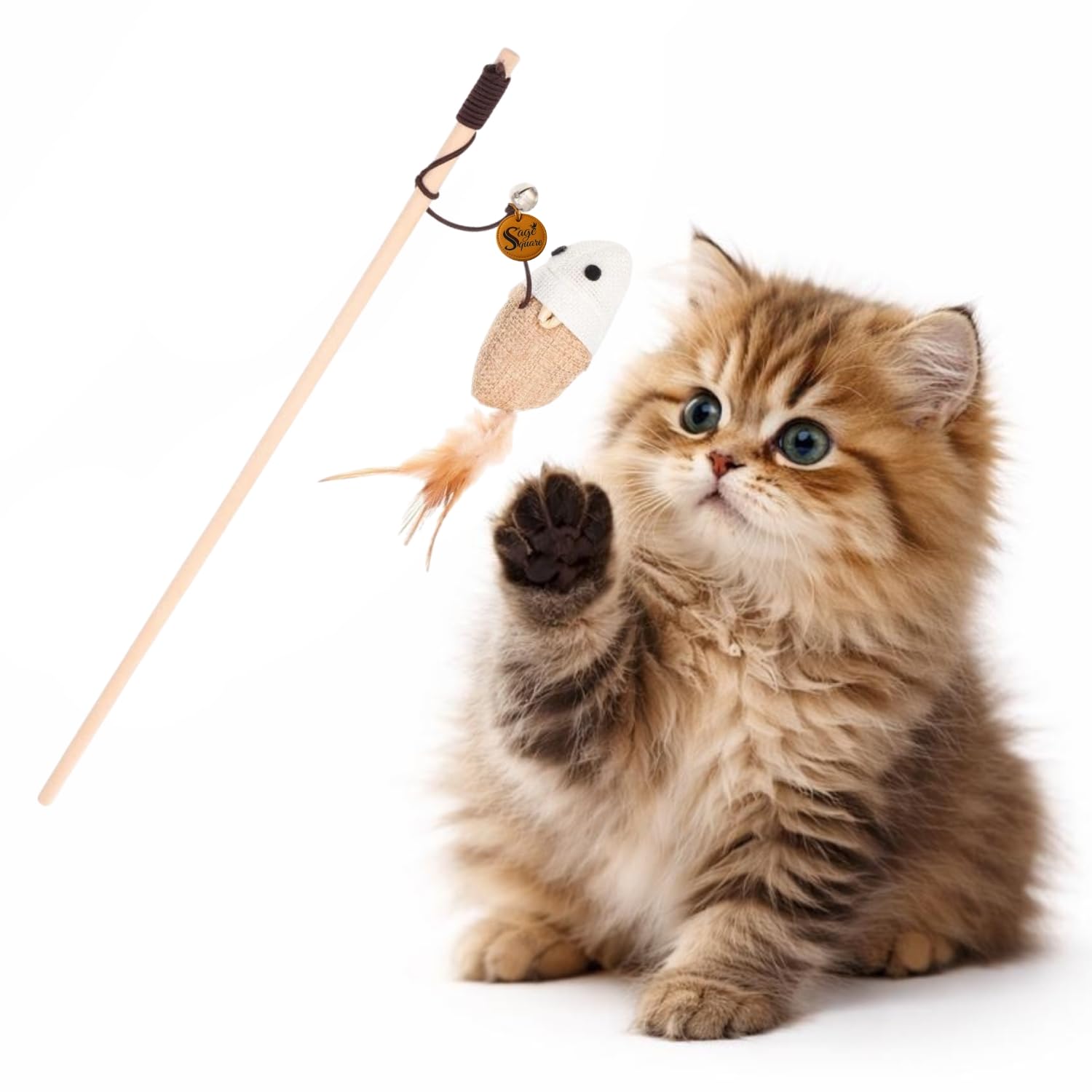 Sage Square Cat Teaser Stick Toy With Bell & Feather | Interactive Wand For Cat & Kitten | String Chase Toy For Playing & Exerci